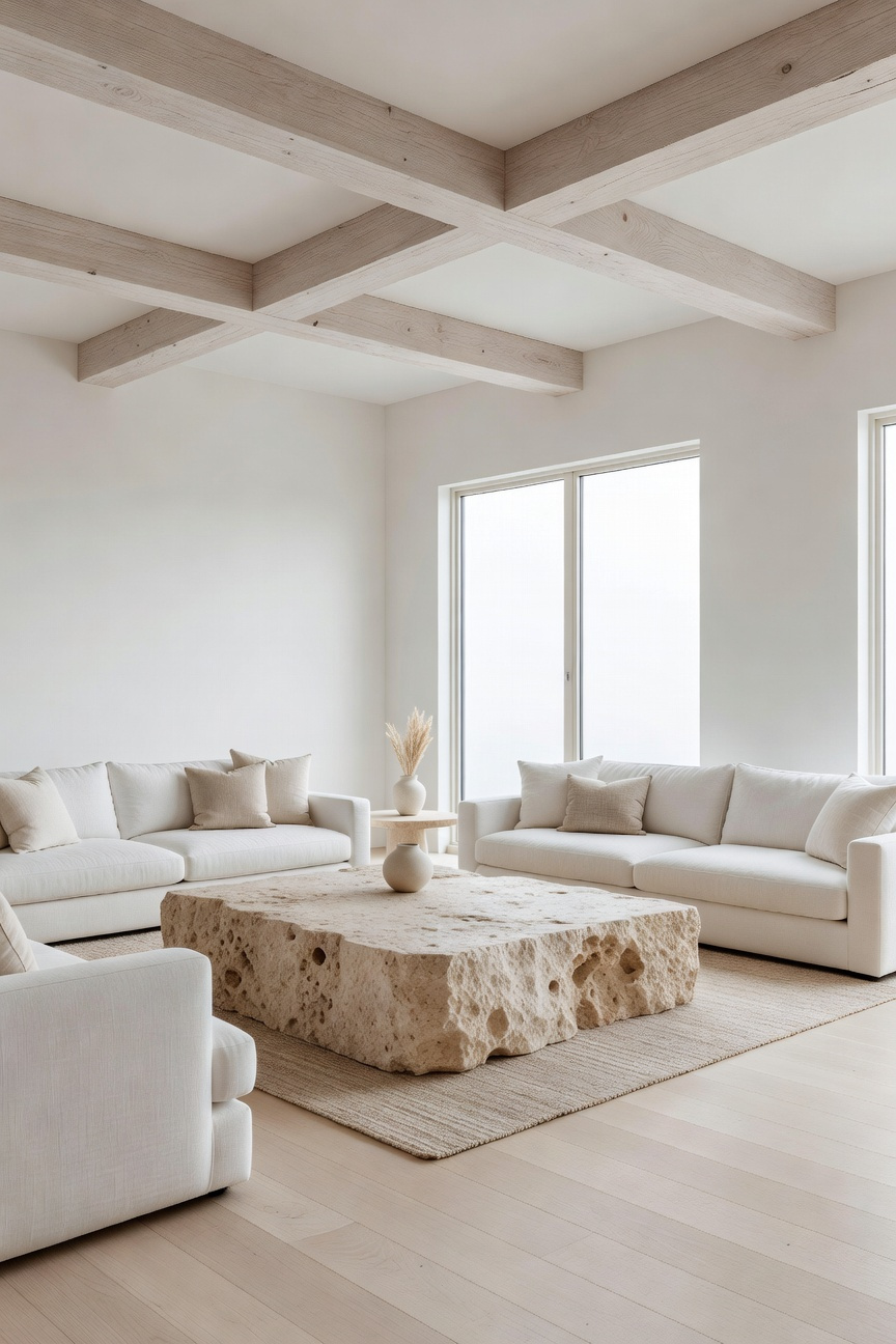 A bright white living room featuring bleached wood ceiling beams and a raw travertine coffee table under soft natural sunlight.
