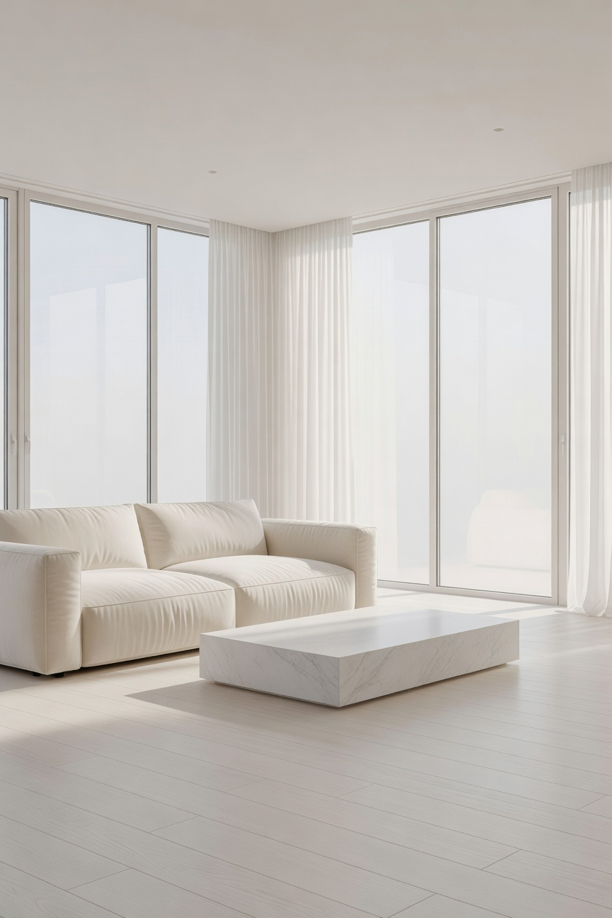 A minimalist white living room with a large sofa and floor-to-ceiling windows illustrating the concept of visual silence and psychological rest.