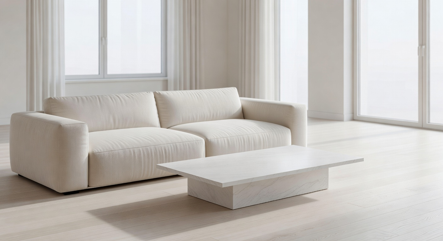 A minimalist white living room with a large sofa and floor-to-ceiling windows illustrating the concept of visual silence and psychological rest.