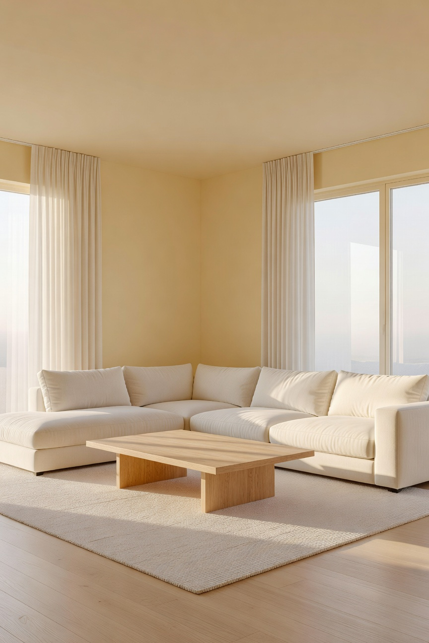 Elegant white living room decoration with warm alabaster walls and soft natural lighting.