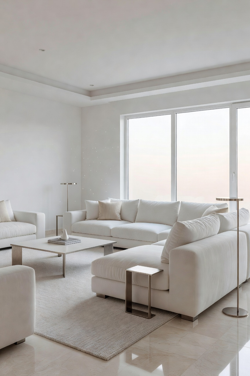 A bright white living room with a large sofa on the right side, designed using Feng Shui Metal element principles for restorative energy flow.