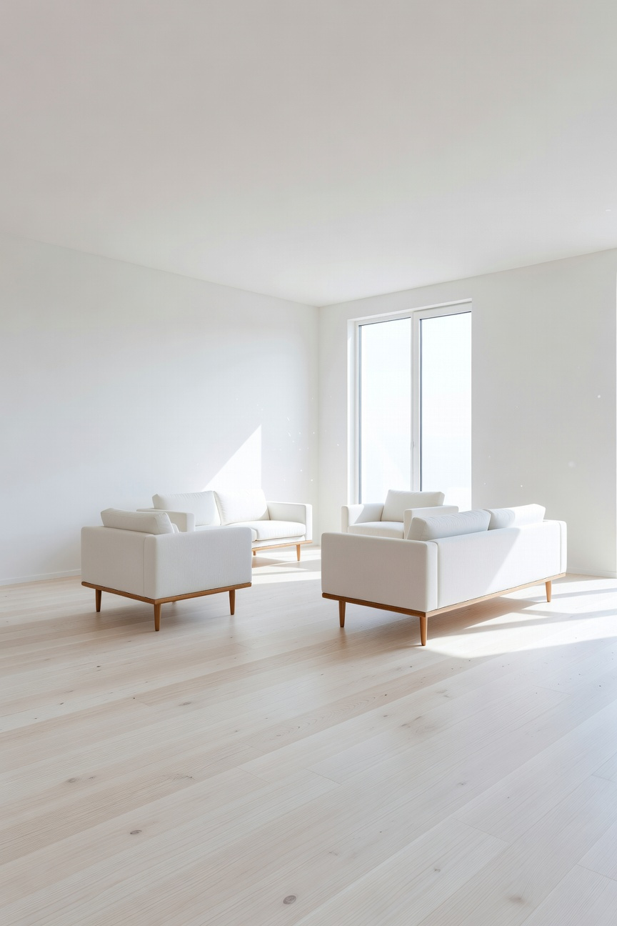 A spacious white living room with mid-century modern furniture on slim legs over white oak floors to create an illusion of more space.