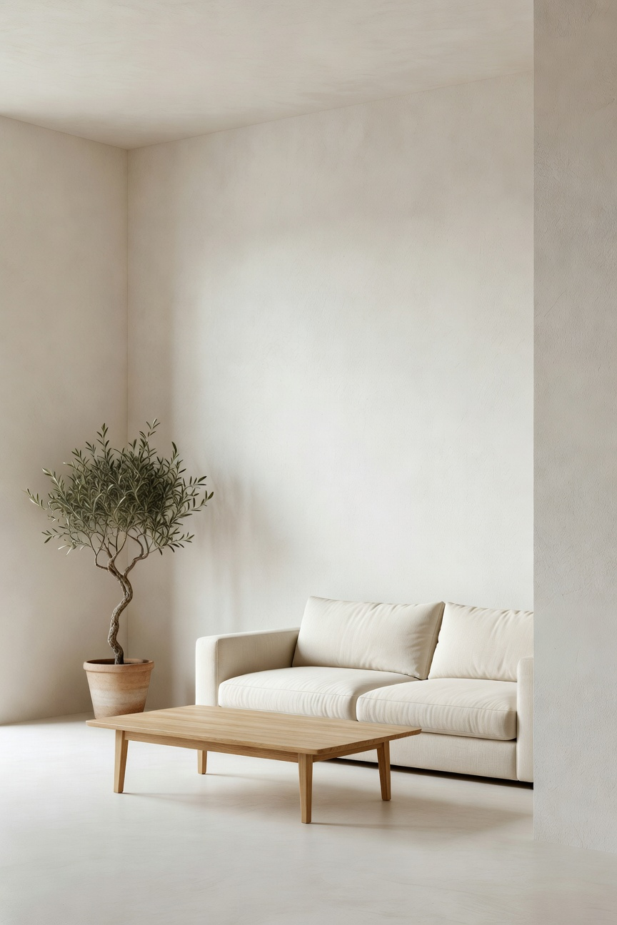 A modern white living room with textured matte plaster walls that diffuse soft sunlight to create a glare-free and peaceful interior design.