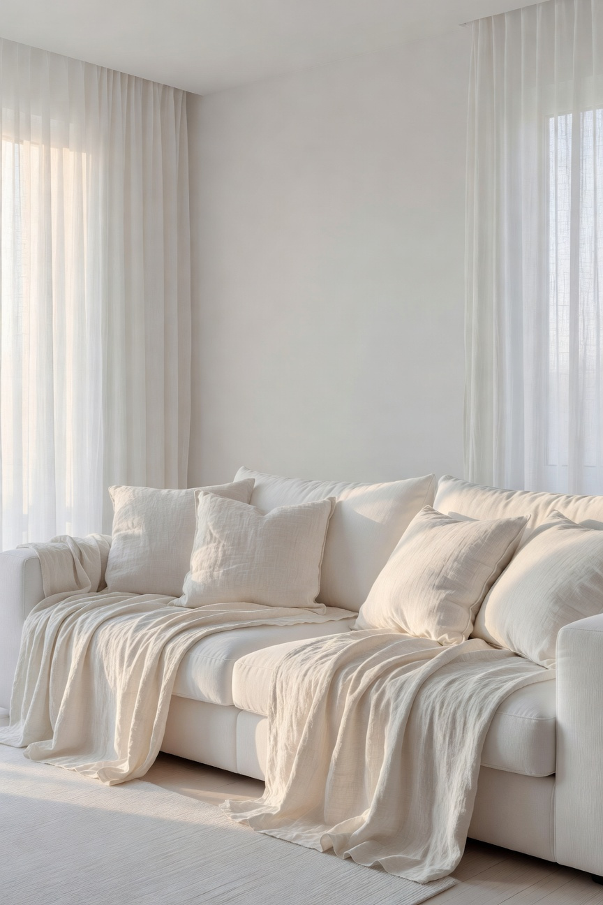 A serene white living room featuring a sofa layered with various organic linen fabrics and pillows under soft natural sunlight.