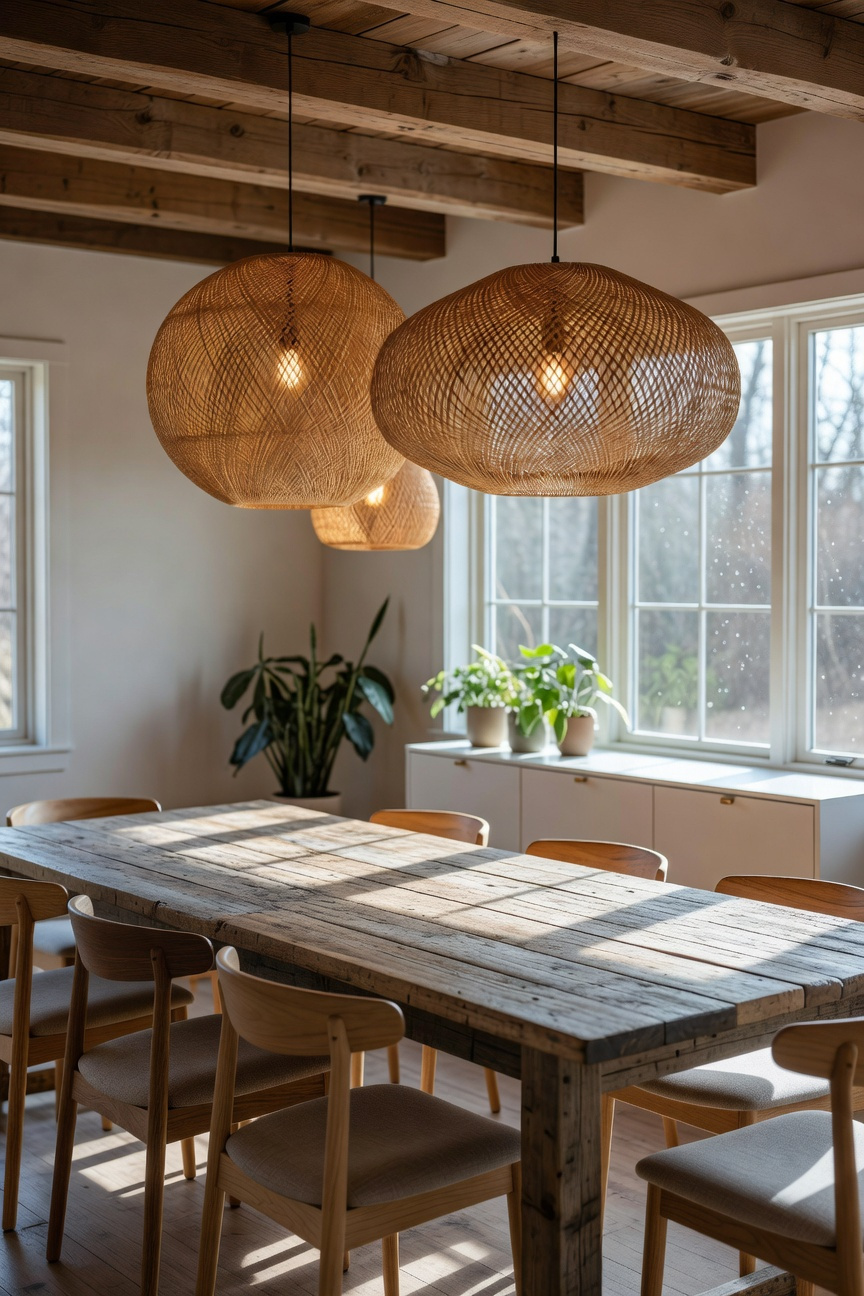 Large woven rattan pendant lights hanging over a rustic reclaimed wood dining table in a sunlit farmhouse interior.