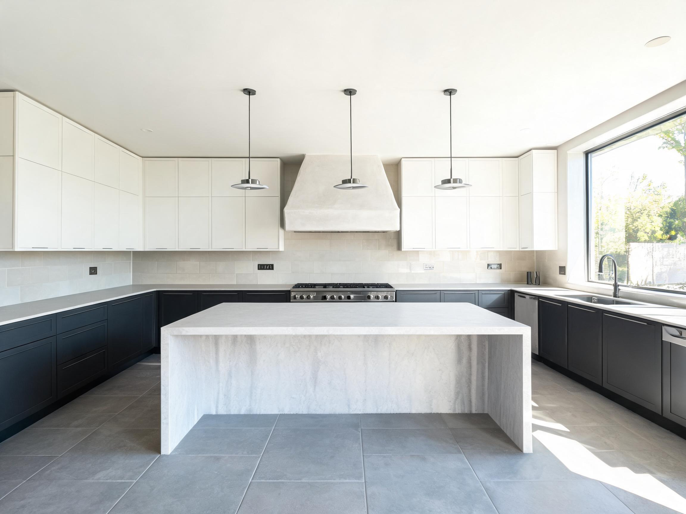 A fully realised modern kitchen remodel combining multiple elements from this guide — two-tone cabinetry, waterfall island, statement hood, and large-format floors — showing how the individual moves work together as a complete composition.
