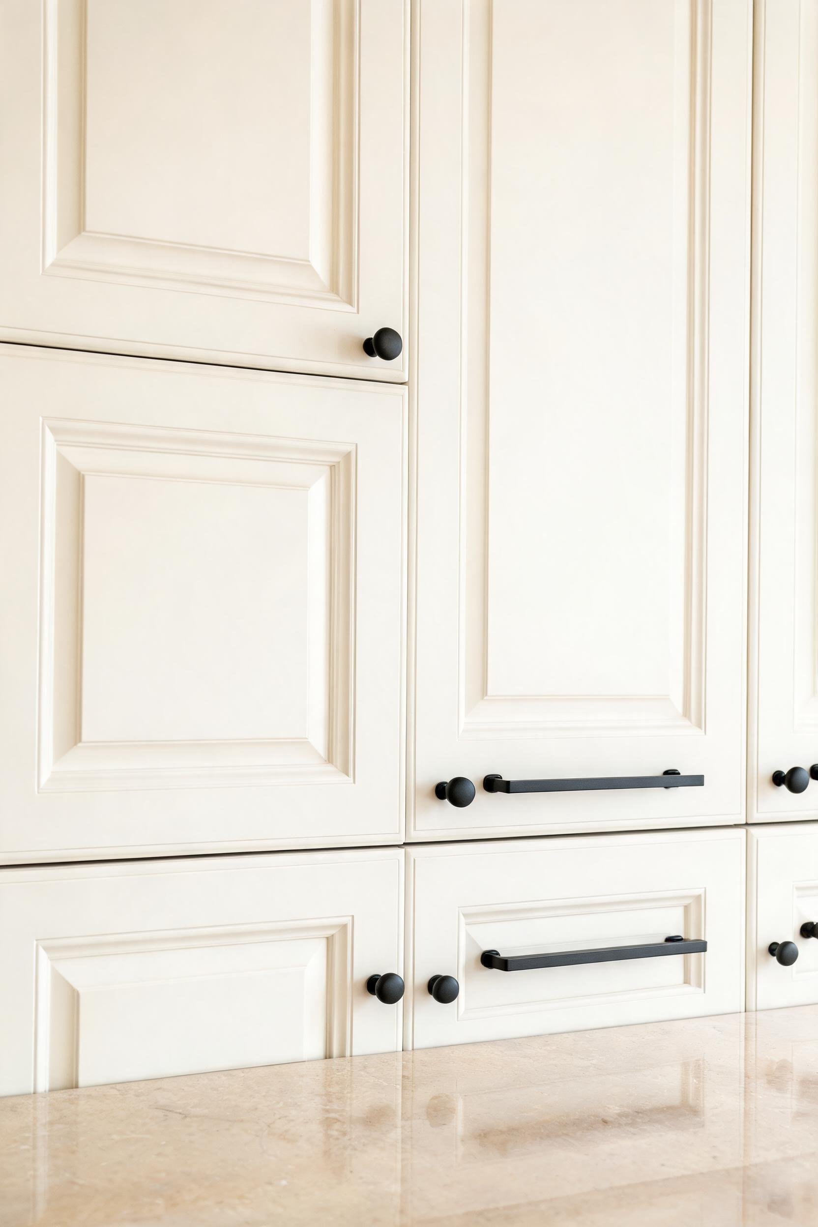 Cabinet hardware is the punctuation of a kitchen — matte black pulls on otherwise neutral cabinets bring the whole composition into focus without requiring a single structural change.