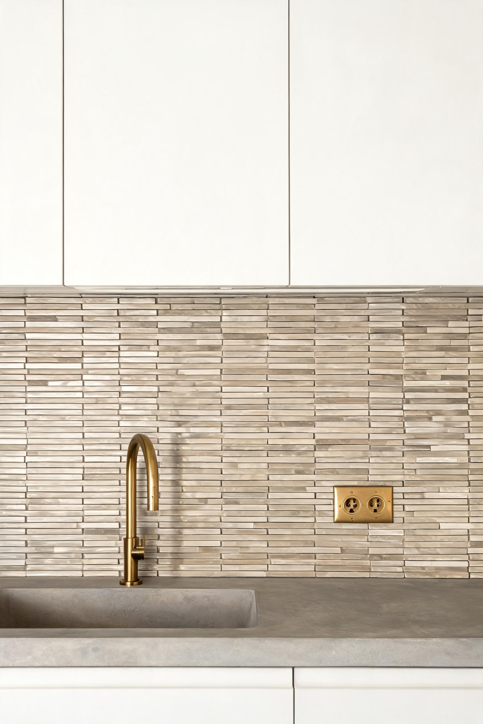 Linear mosaic tiles set horizontally create a graphic, textured backdrop that reads far more architecturally than standard subway tile — and one of the stronger visual investments in a modern kitchen remodel.