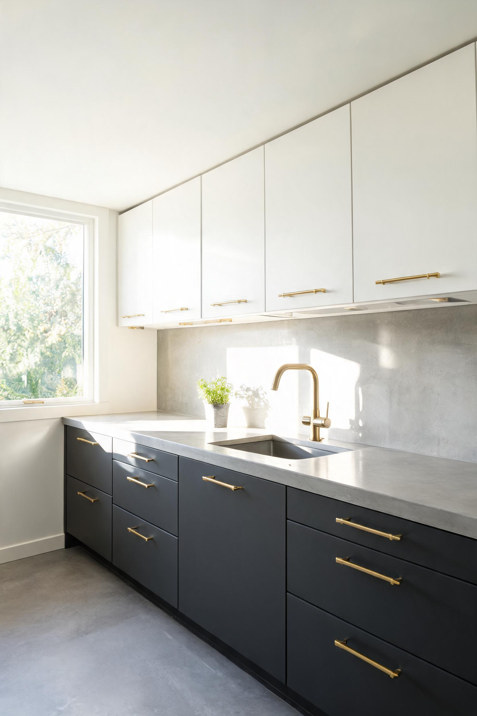 Two-tone cabinetry with dark lowers and white uppers creates a visual anchor that makes a kitchen feel both taller and more spacious — one of the most effective moves in a modern kitchen remodel.