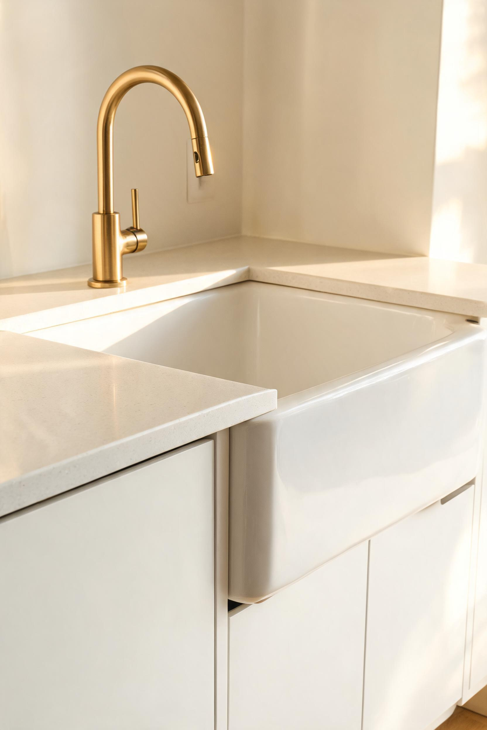 The under-mount/thick-edge combination is one of the clearest signals of a quality kitchen remodel — it changes how the entire countertop zone reads and makes the sink feel like a deliberate choice.