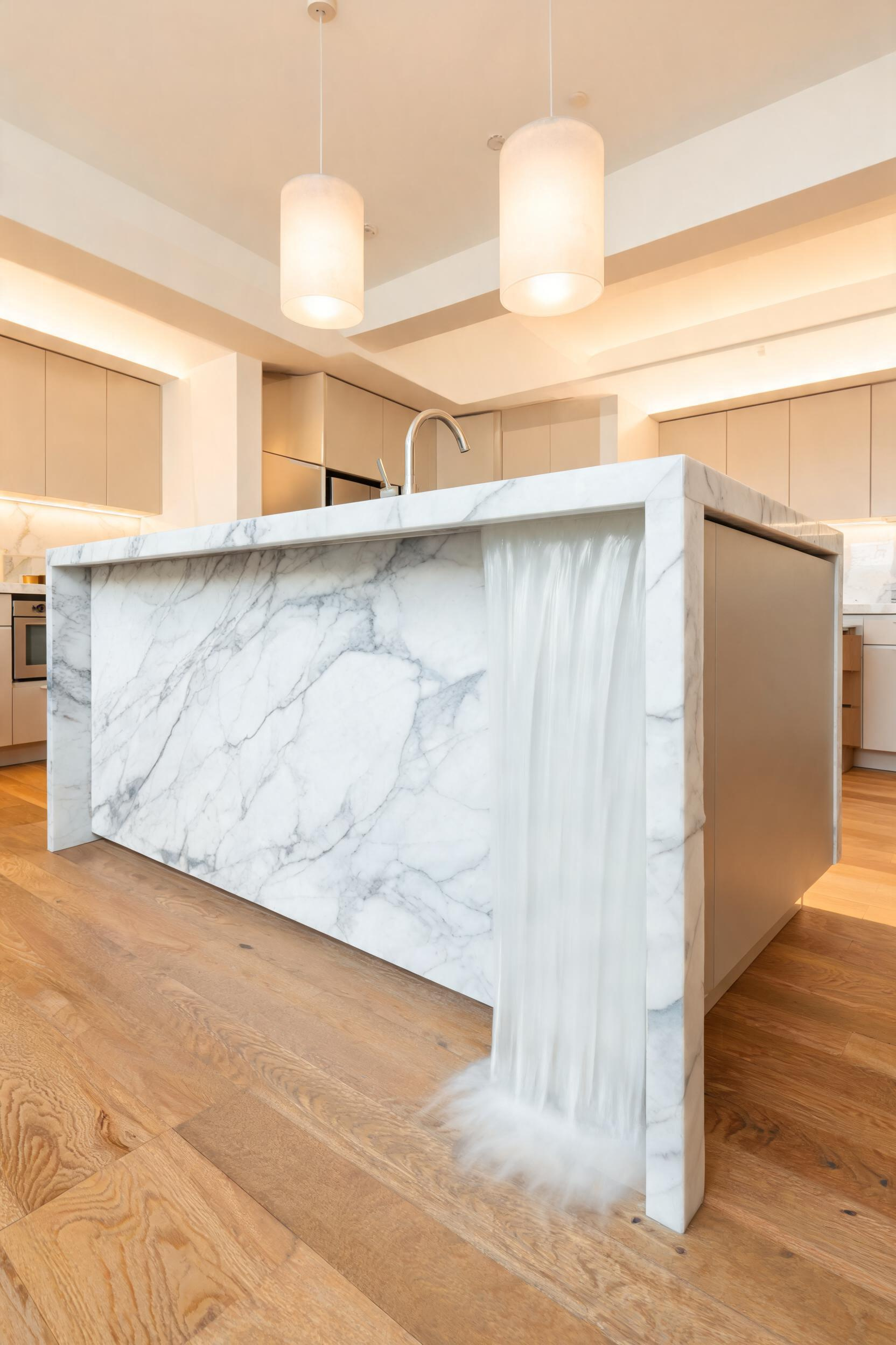 A waterfall edge island brings a sculptural quality to the kitchen — the vertical continuation of the countertop material is one of the defining moves in contemporary kitchen design.