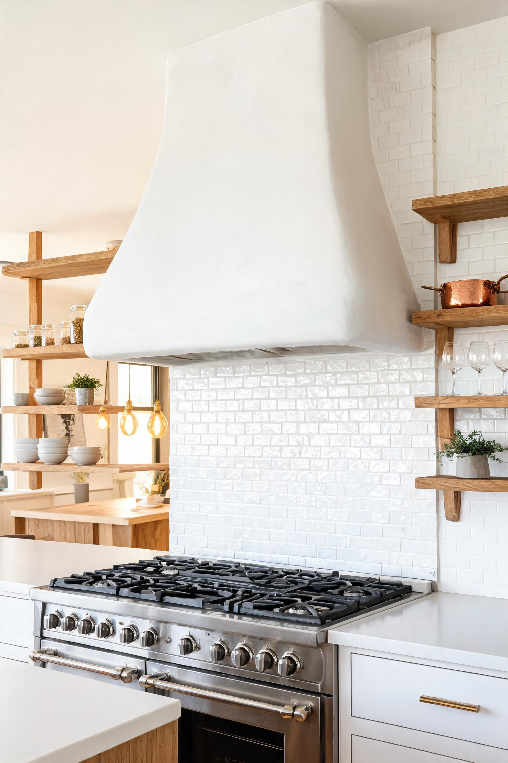 A statement range hood transforms the cooking zone from a functional necessity into the kitchen's focal point — often the single highest-impact investment in a modern kitchen remodel.