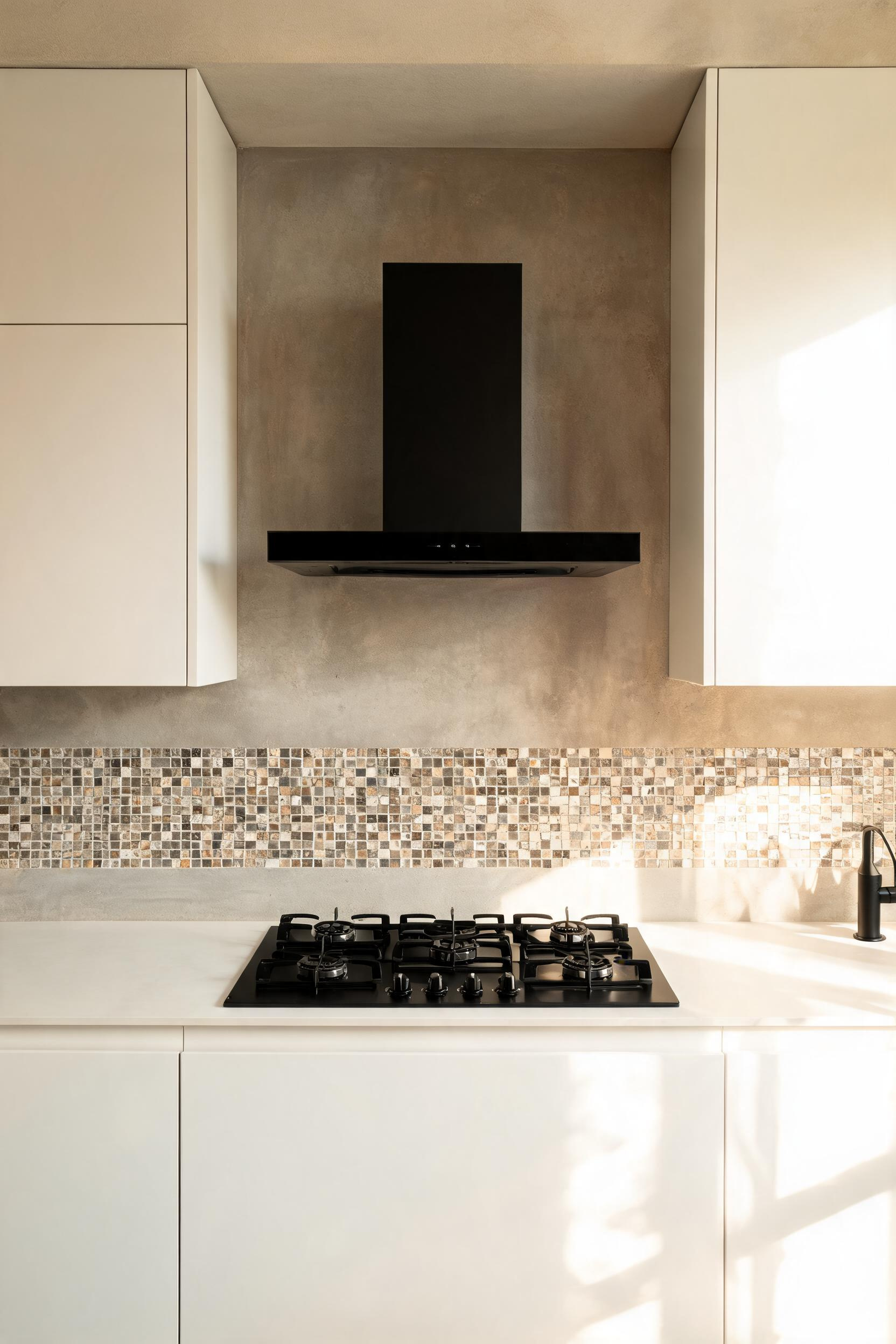 Microcement or limewash applied to the wall behind the cooking zone introduces textural depth that painted drywall can never achieve — and it changes how the whole kitchen reads.