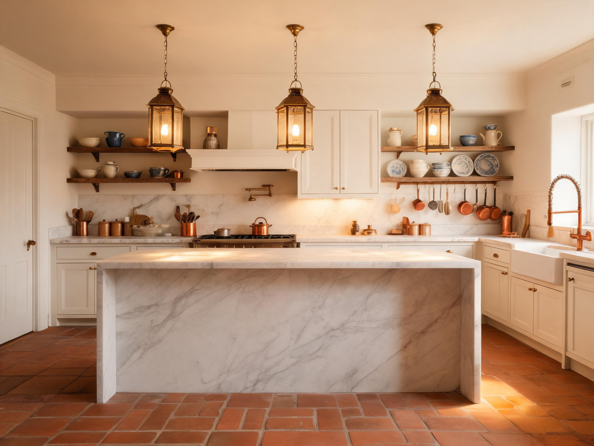 A traditional kitchen island lit by three antique brass lantern pendants, their warm glow pooling across white marble and terracotta tile in a beautifully layered classic kitchen.