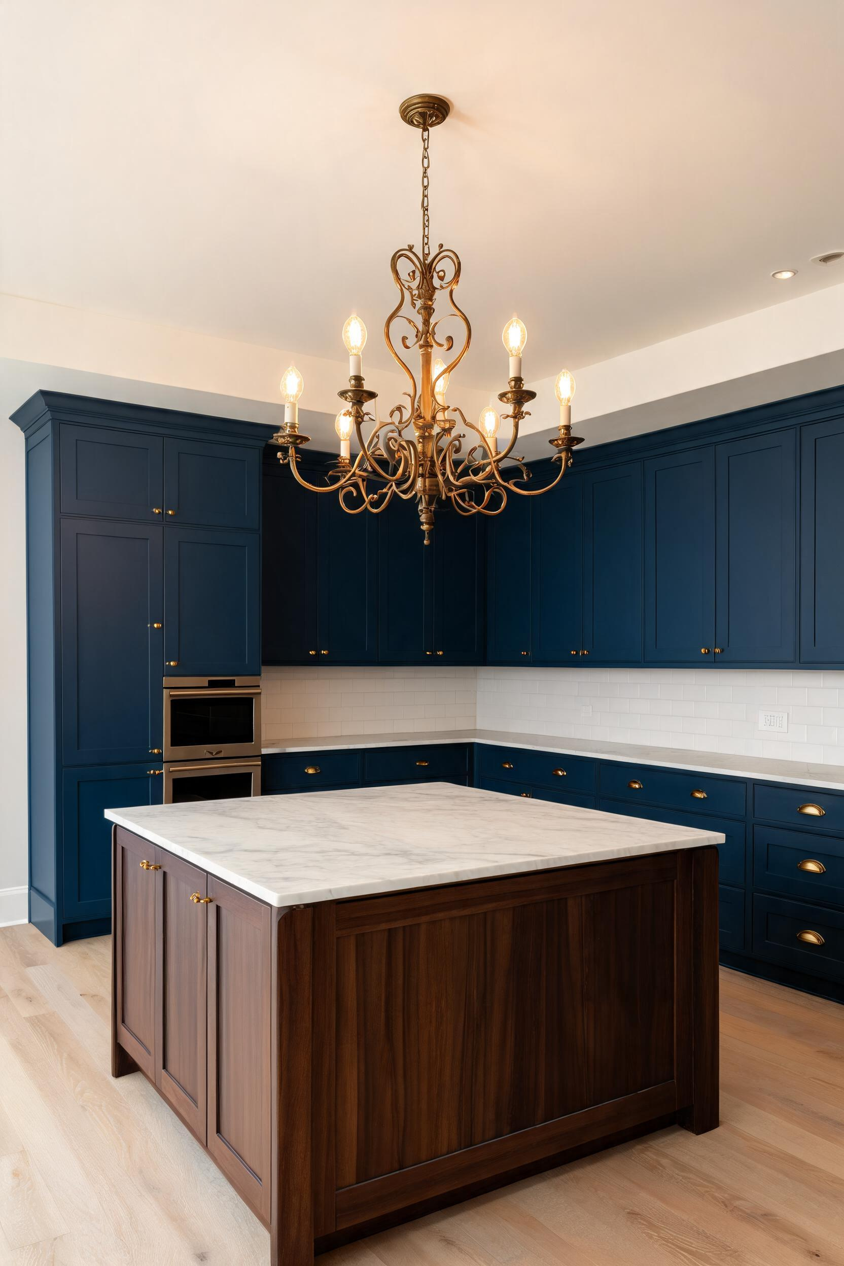A six-arm antique brass candelabra chandelier anchors a navy kitchen island, its warm bulb glow playing off the brass hardware and cream marble surface.