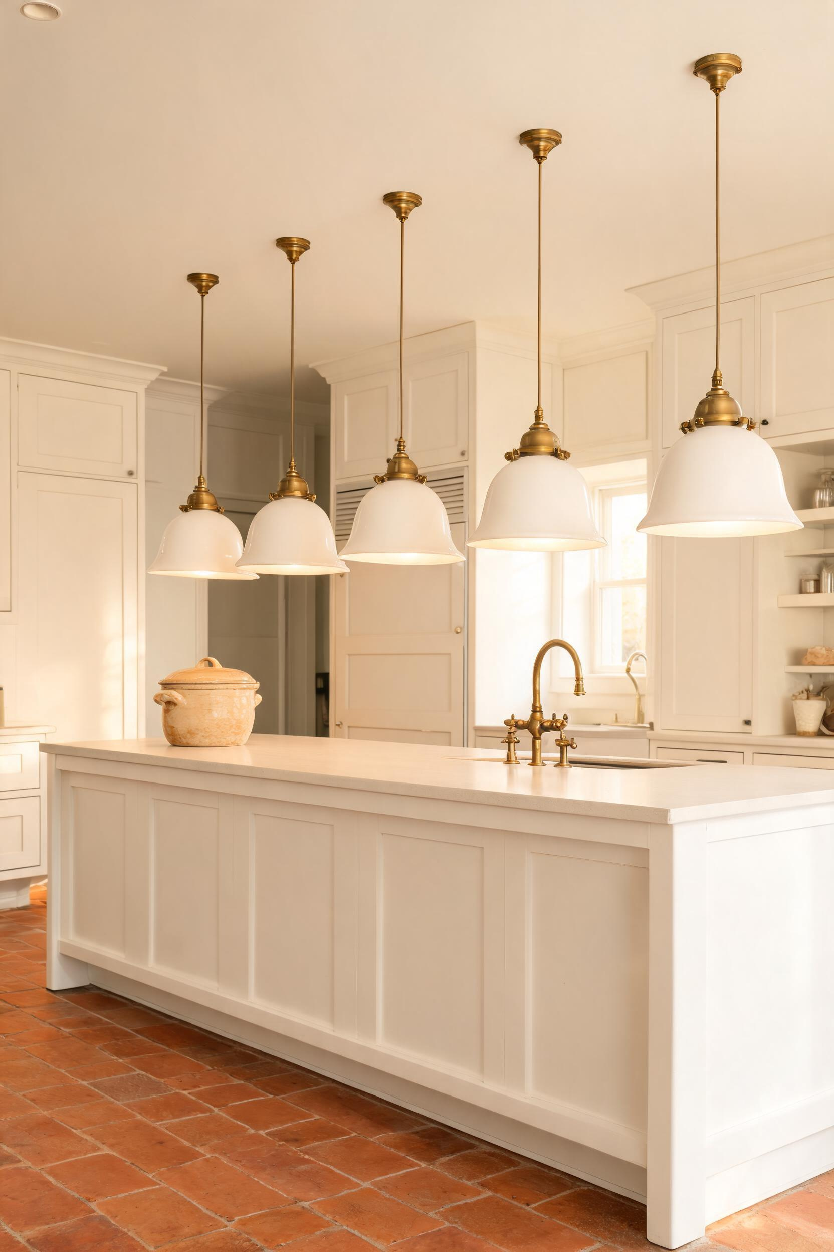Five white porcelain bell pendants line the length of a farmhouse kitchen island, their antique brass hardware and warm glow adding quiet traditional character to the terracotta-tiled kitchen.