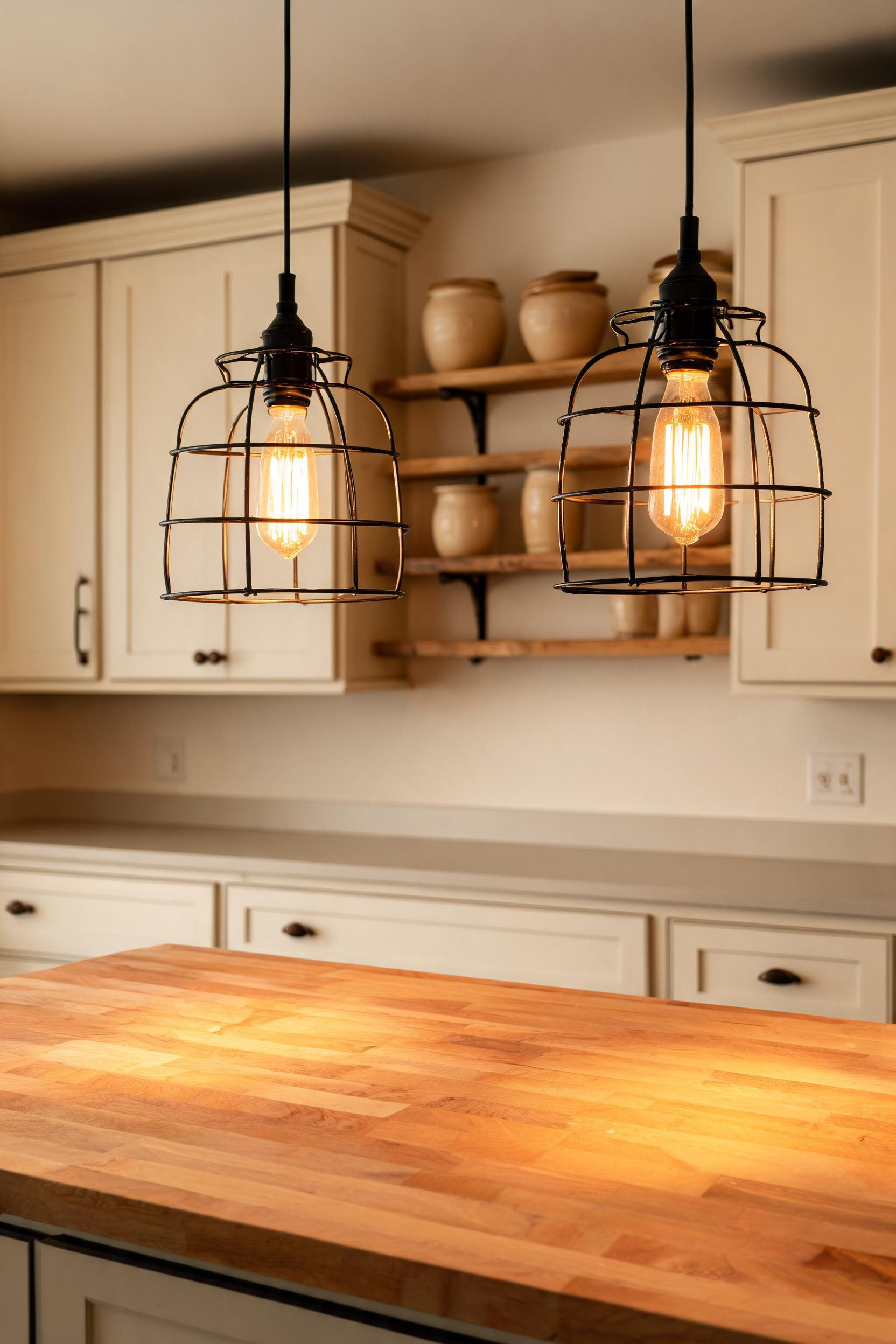 Two open iron cage pendants hang over a maple butcher-block island, their Edison filament bulbs casting a warm amber glow across the timber surface.
