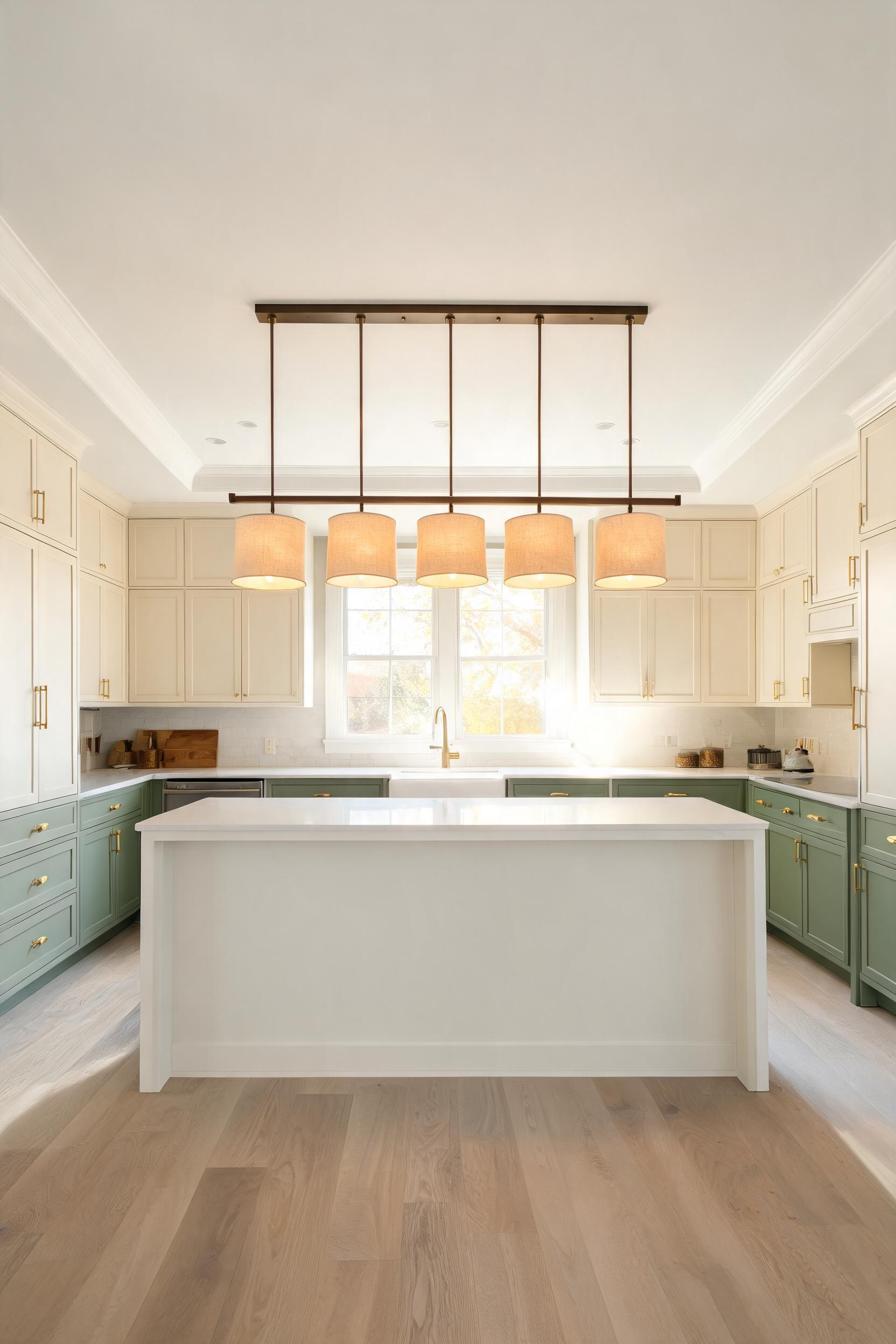 A five-light oil-rubbed bronze linear chandelier with linen shades spans a 7-foot white island, its warm row of glow points anchoring the high-ceilinged traditional kitchen.