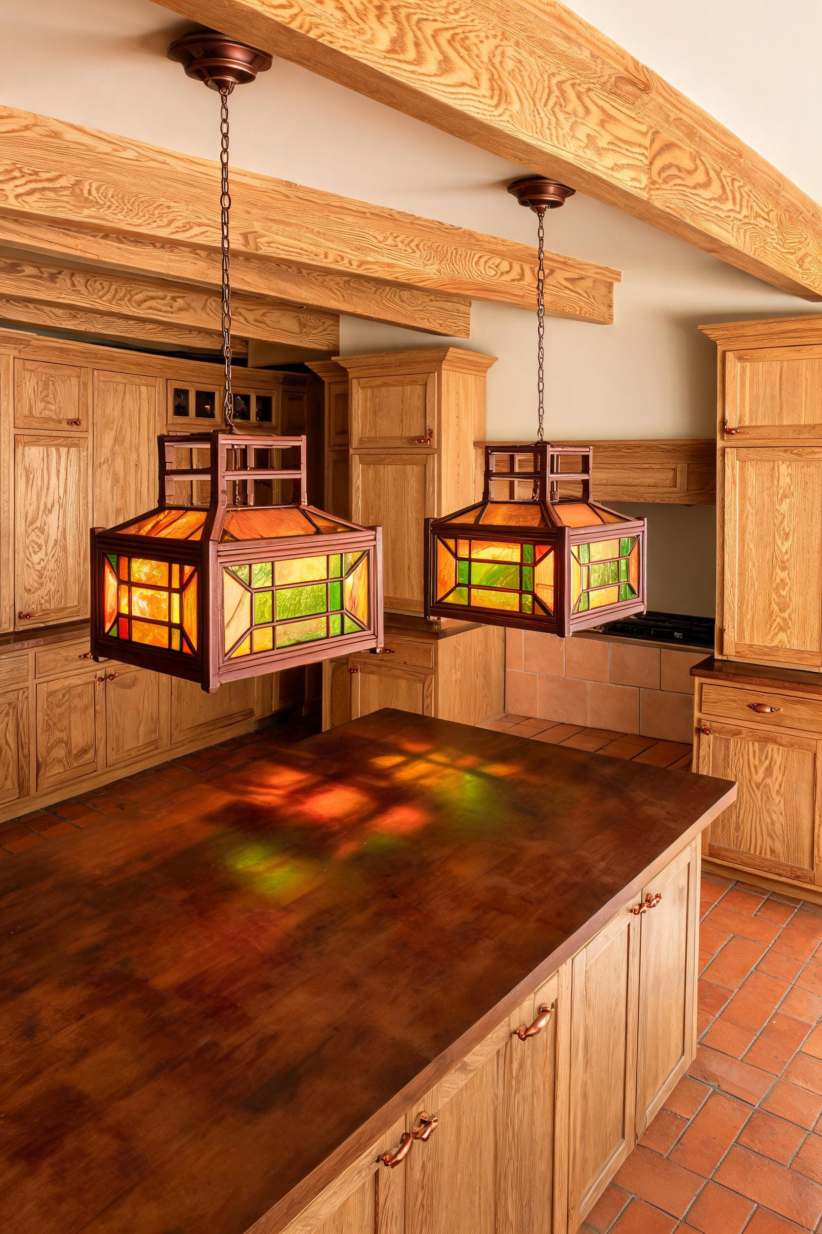 Two Mission-style pendants with amber and green art glass panels hang above a dark walnut island in a Craftsman kitchen, their warm glow playing off the quarter-sawn oak cabinetry.