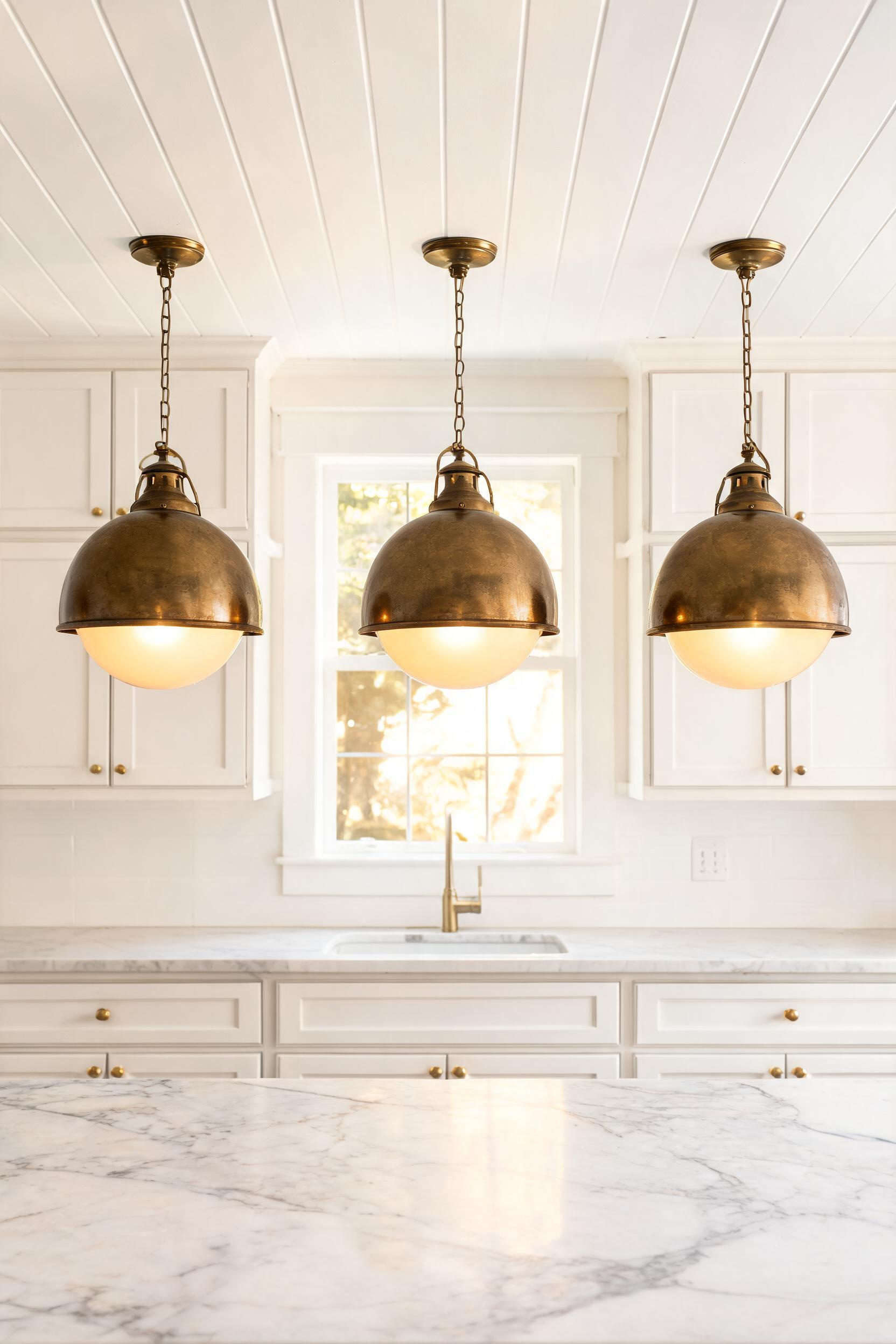 Three compact aged brass globe pendants hang at a carefully measured 30-inch clearance above a marble island in a low-ceilinged traditional kitchen, making the most of every inch of vertical space.
