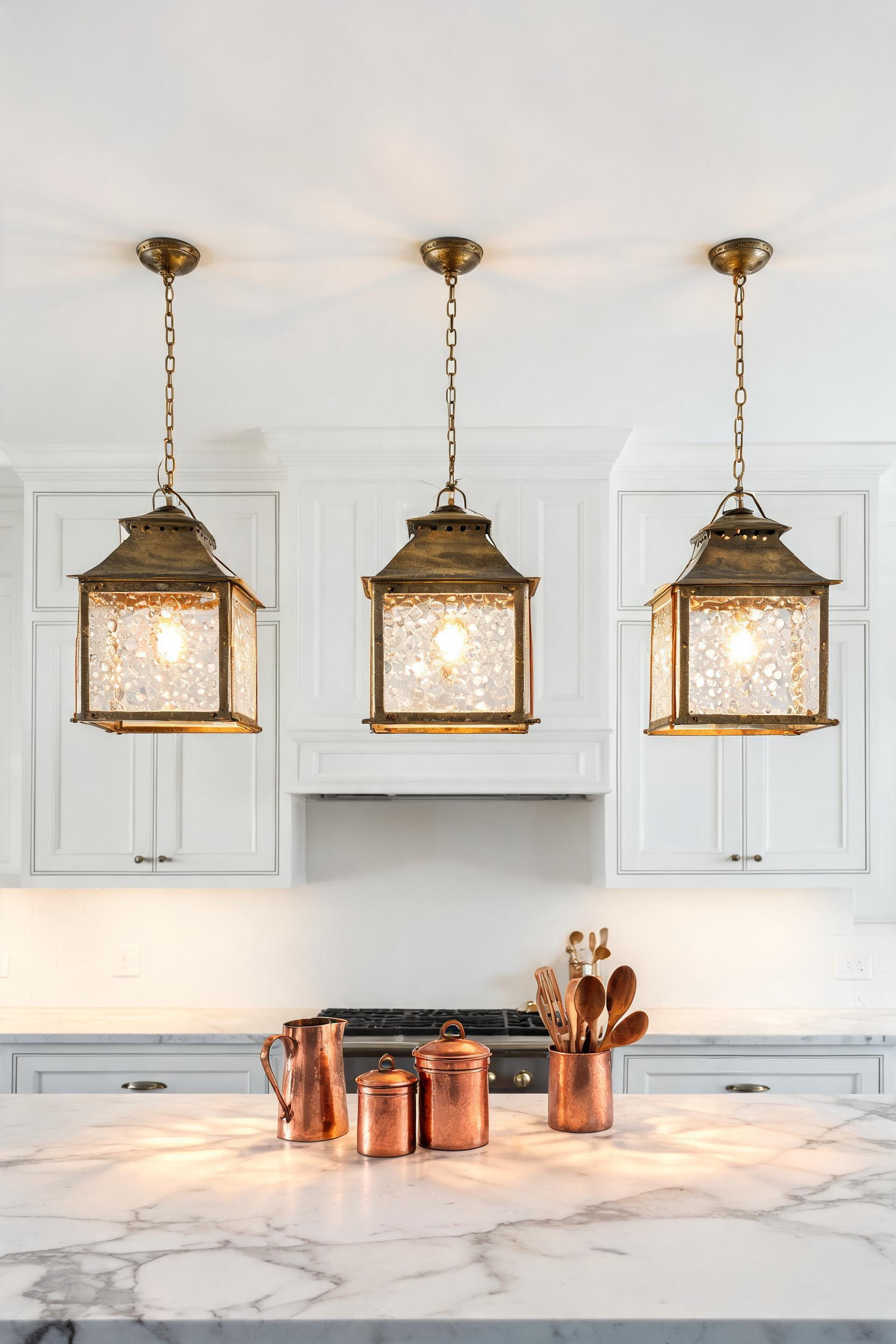 Three antique brass lantern pendants hang over a white marble island, their seeded glass panels casting a warm, even glow across the worktop.