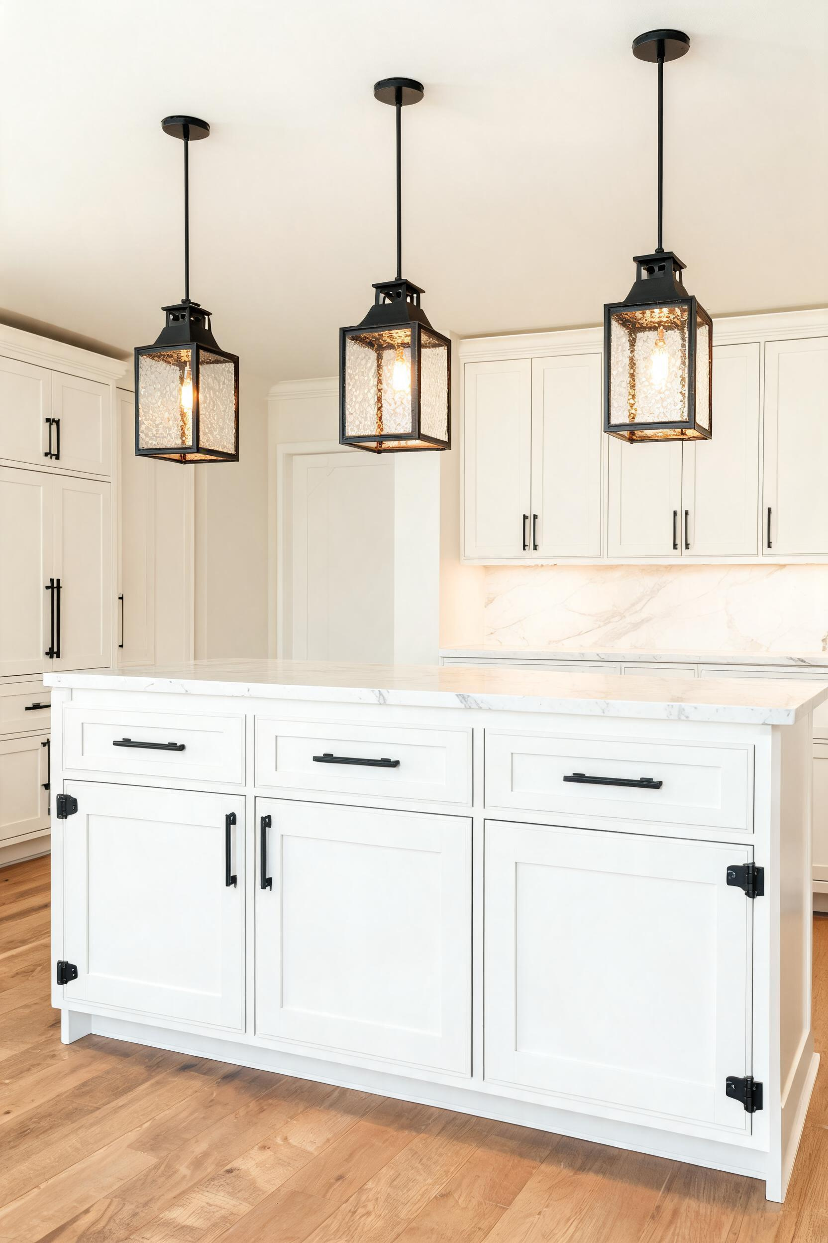 Three matte black lantern pendants with seeded glass panels hang above a white island, their finish precisely coordinating with the matte black cabinet hardware throughout the kitchen.