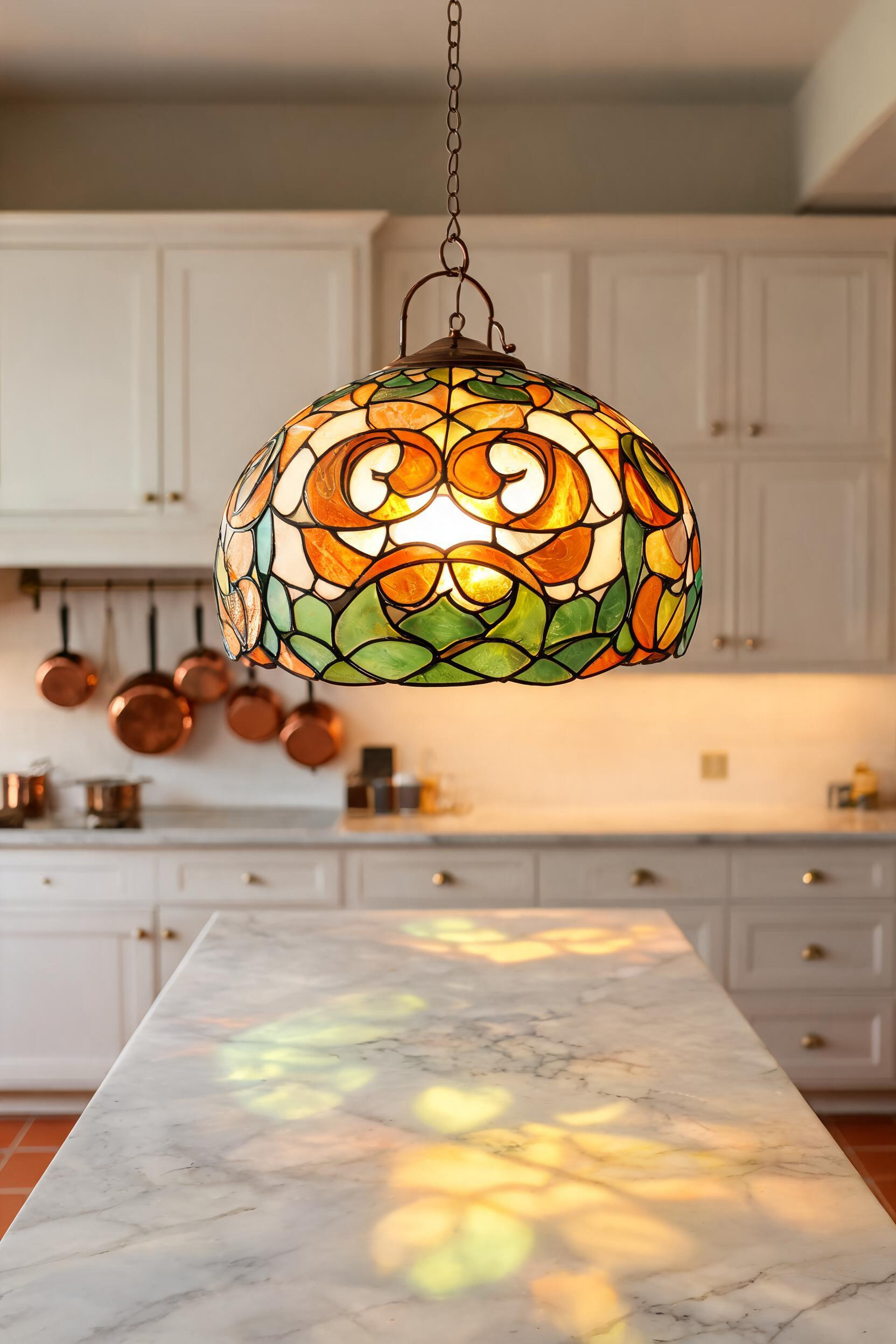 A copper-foil stained glass pendant in amber and green hangs above a white marble island, casting warm coloured tones across the Carrara surface in the evening light.
