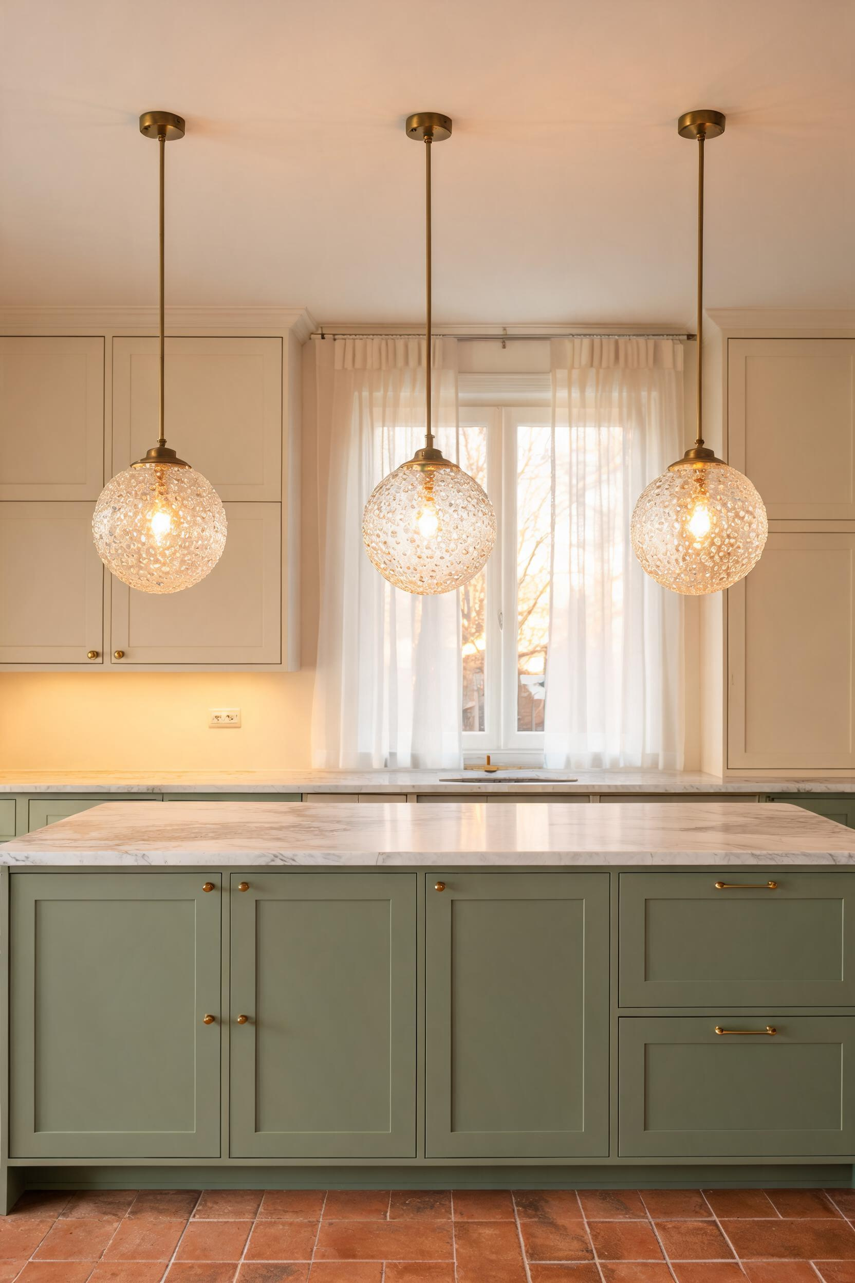 Three seeded glass globe pendants in antique brass finish hang at even intervals above a cream marble island, their diffused glow illuminating the terracotta-tiled kitchen below.