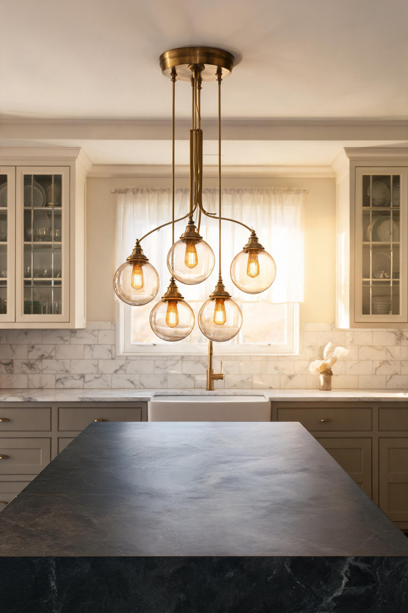 A five-globe cluster pendant arrangement in antique brass hangs at staggered heights above a soapstone island, creating a sense of composed visual complexity.