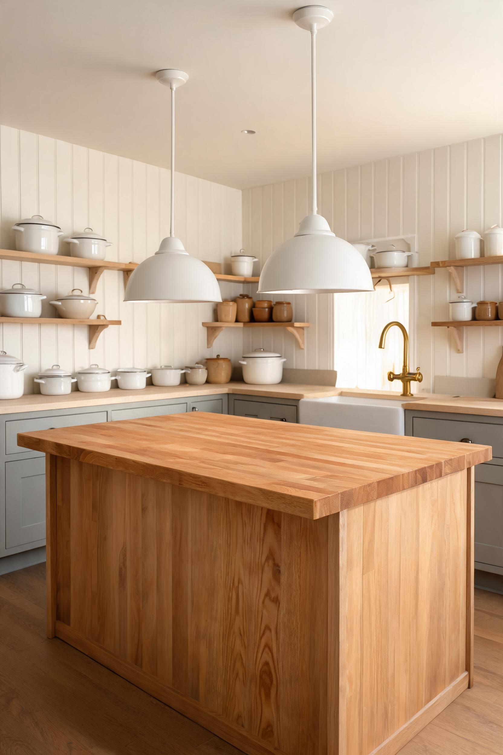 Two white porcelain enamel shade pendants hang at cord length over a maple butcher-block island, their crisp downward light complementing the beadboard walls and open shelving behind.