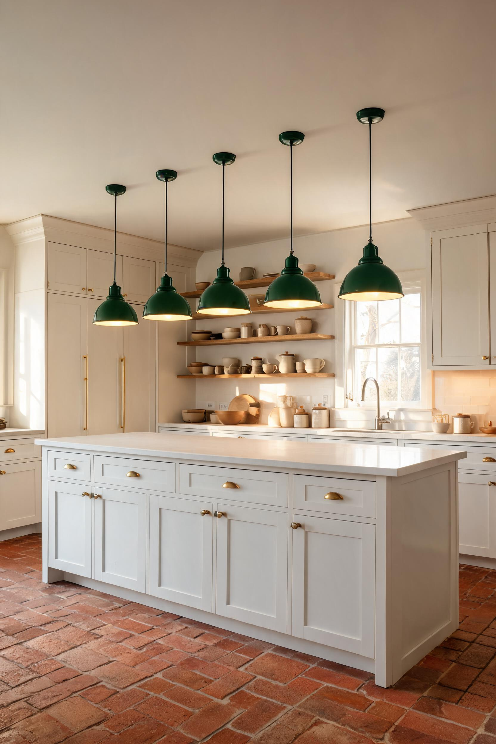 Five hunter green schoolhouse pendants line a 6-foot white island in a terracotta-tiled traditional kitchen, the bold colour choice making a confident statement against the simple white cabinetry.