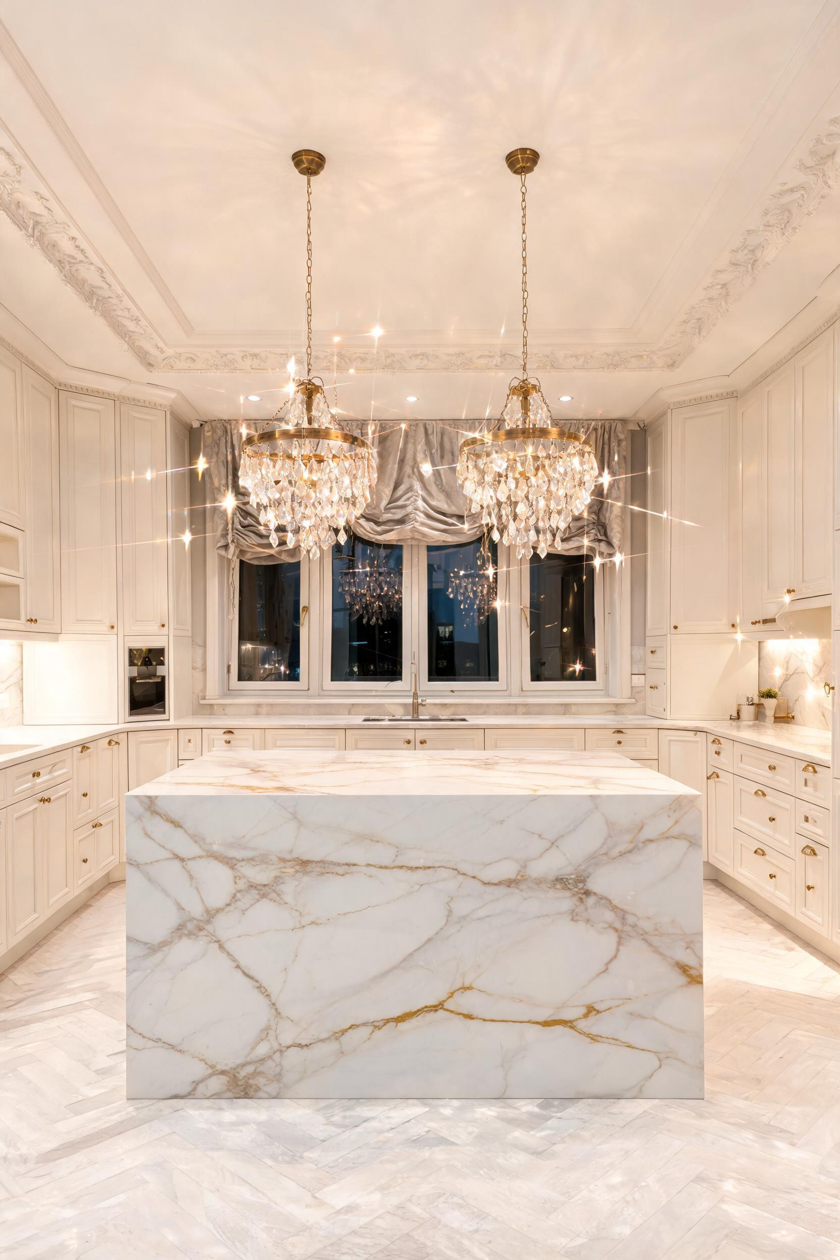 Two antique brass crystal-accented pendants hang over a gold-veined marble island in a formal traditional kitchen, their faceted drops scattering light across the white raised-panel cabinetry.