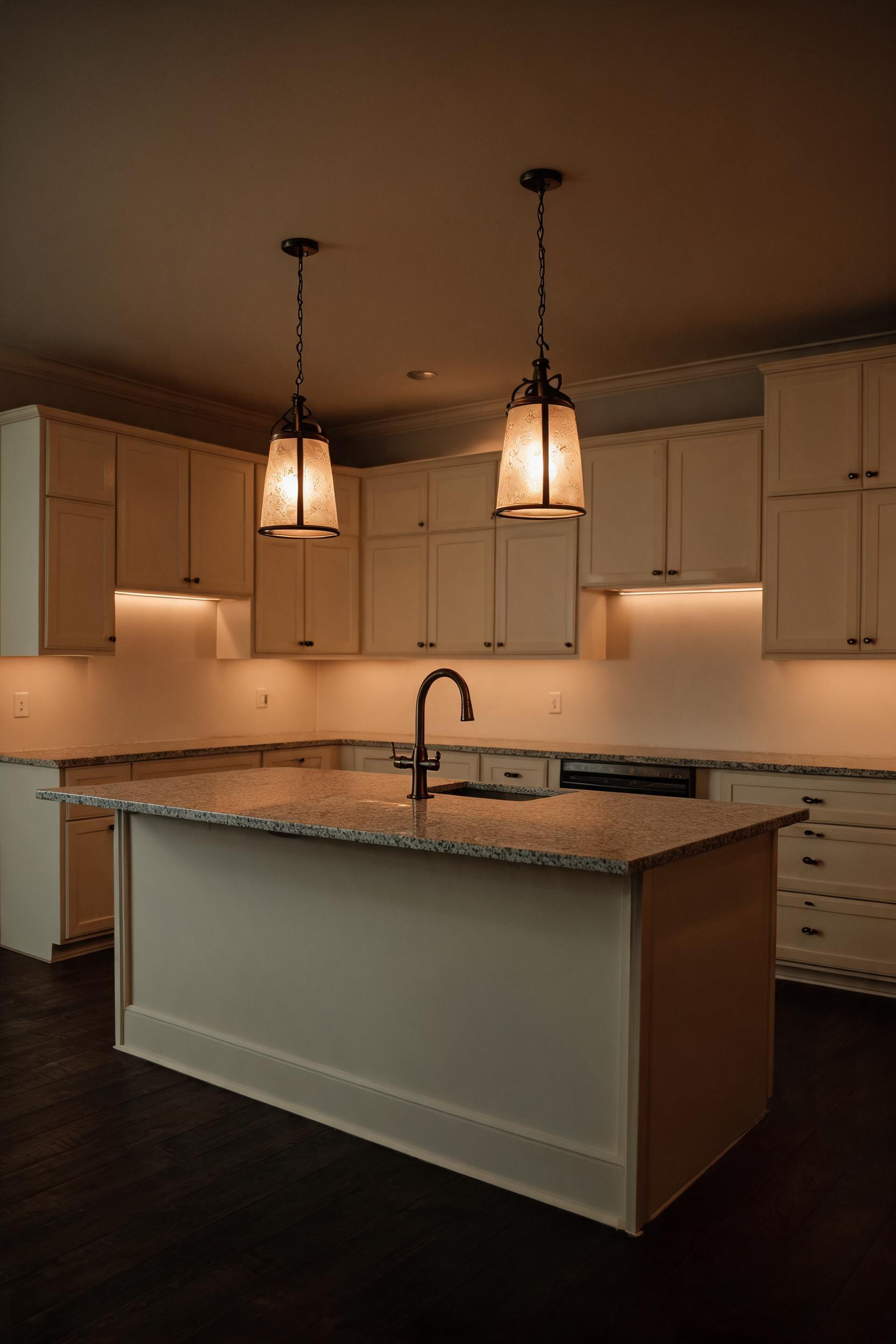 Two oil-rubbed bronze pendants with etched glass shades hang over a granite island in the evening, their living finish quietly coordinating with the cabinet hardware and faucet below.