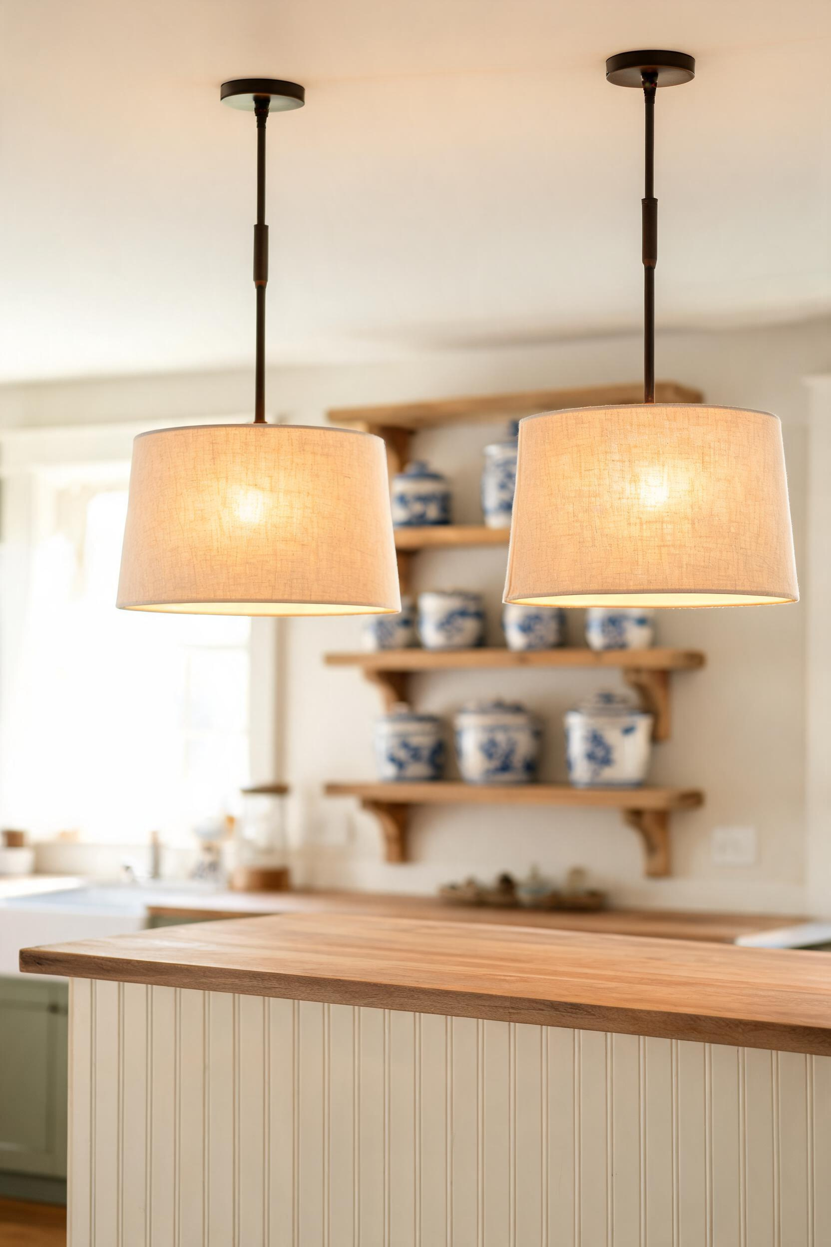 Two natural linen drum shade pendants in oil-rubbed bronze hang over a beadboard farmhouse island, their warm diffused glow softening the whole kitchen.