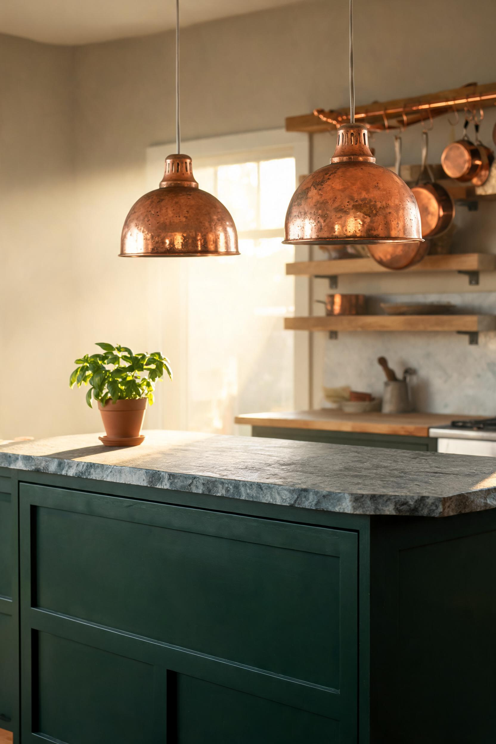 Two raw copper pendant shades hang above a hunter green island with soapstone countertop, their slightly patinated surface catching the warm afternoon light and deepening in tone against the dark green cabinetry.