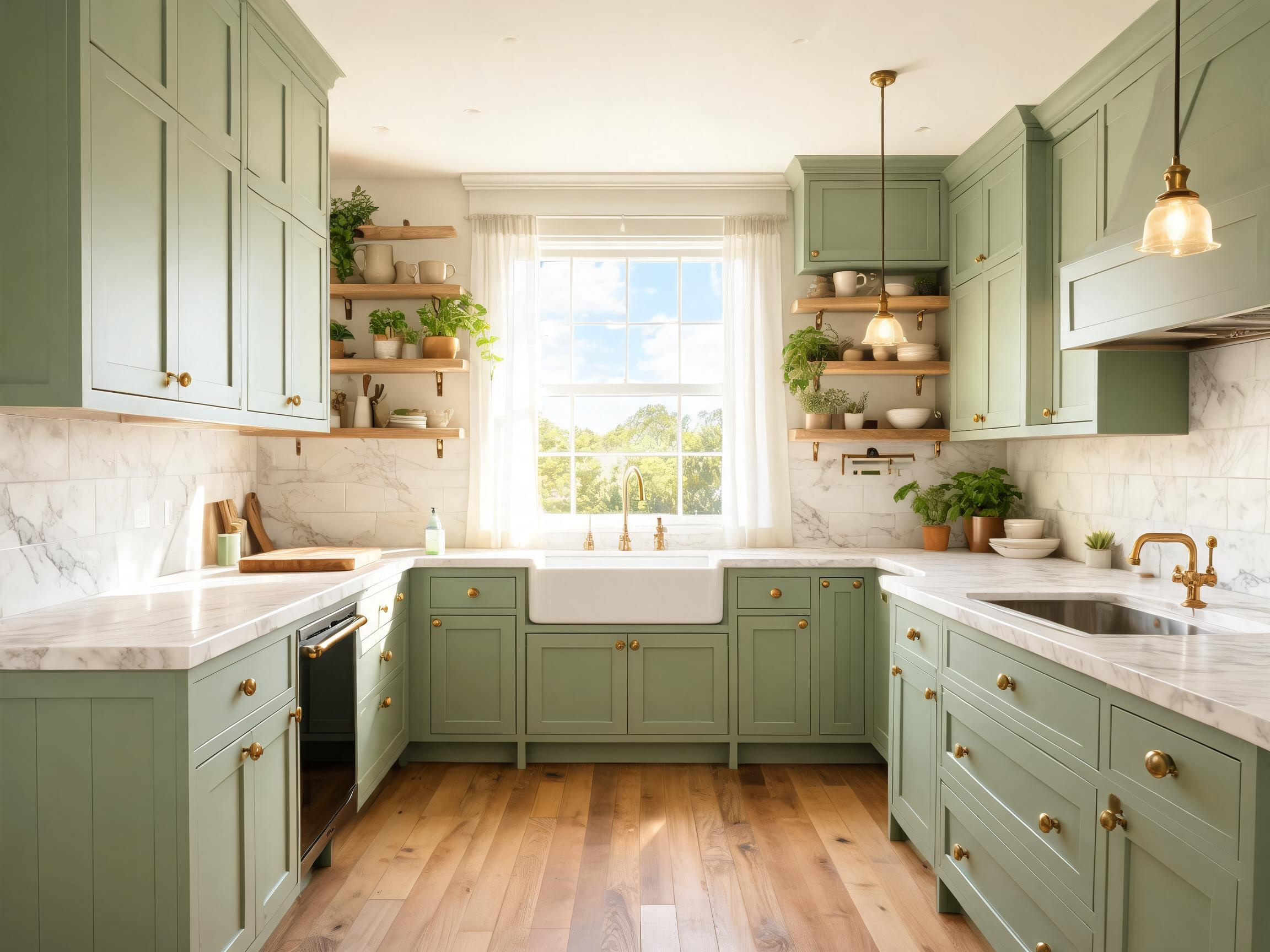 A full sage-green kitchen with antique brass hardware, marble countertops, and open wood shelving achieves the timeless quality that makes green cabinets endure through every trend cycle.