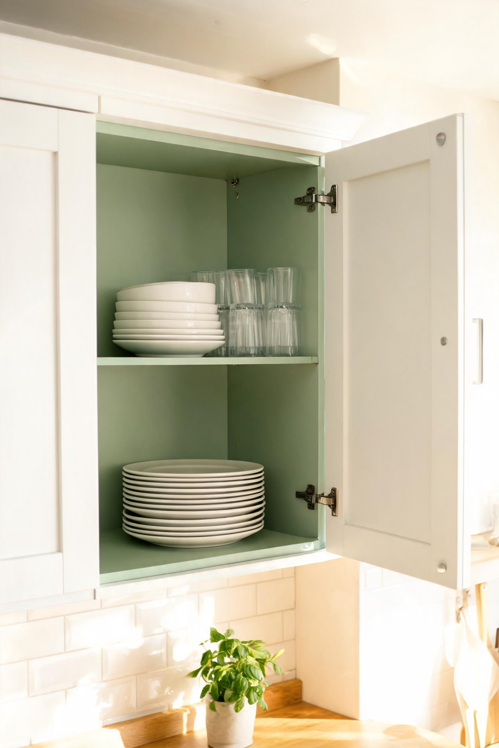 Painting only the interior of kitchen cabinets in green is the lowest-risk way to introduce the color — visible only when doors open, surprising every time.