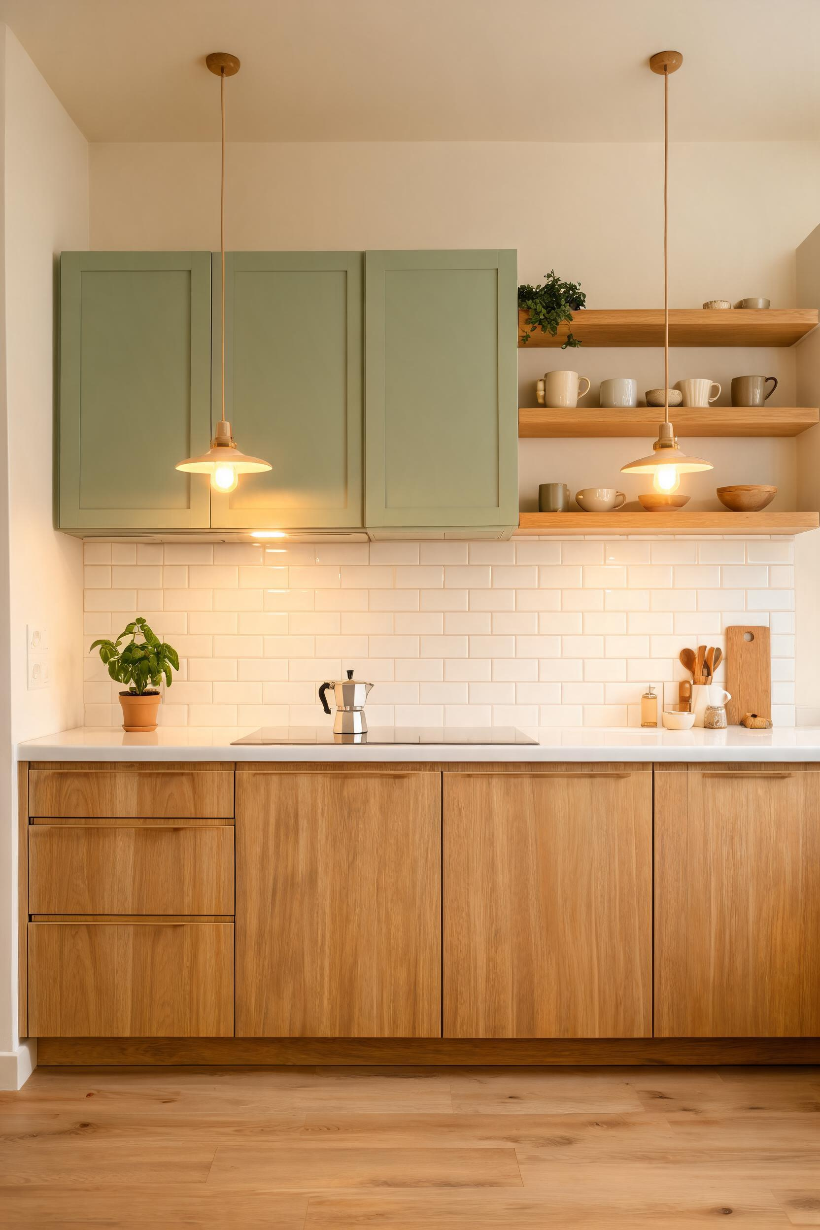 Sage green upper cabinets with natural oak lowers give a kitchen warmth and material variety without requiring a complex color scheme to tie everything together.