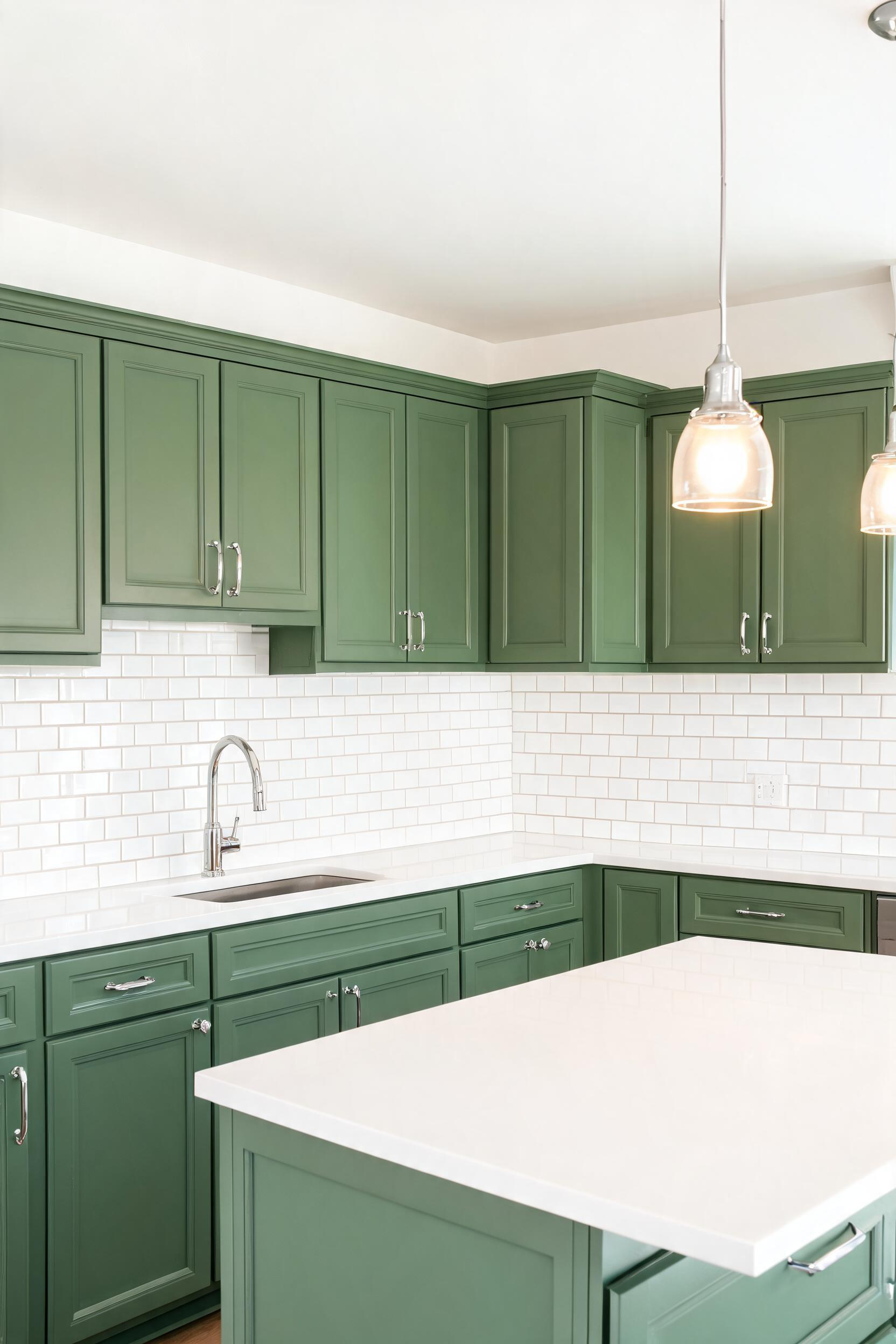 White subway tile is the most versatile backsplash choice for green kitchen cabinets of any shade — simple enough to step back and let the color lead.