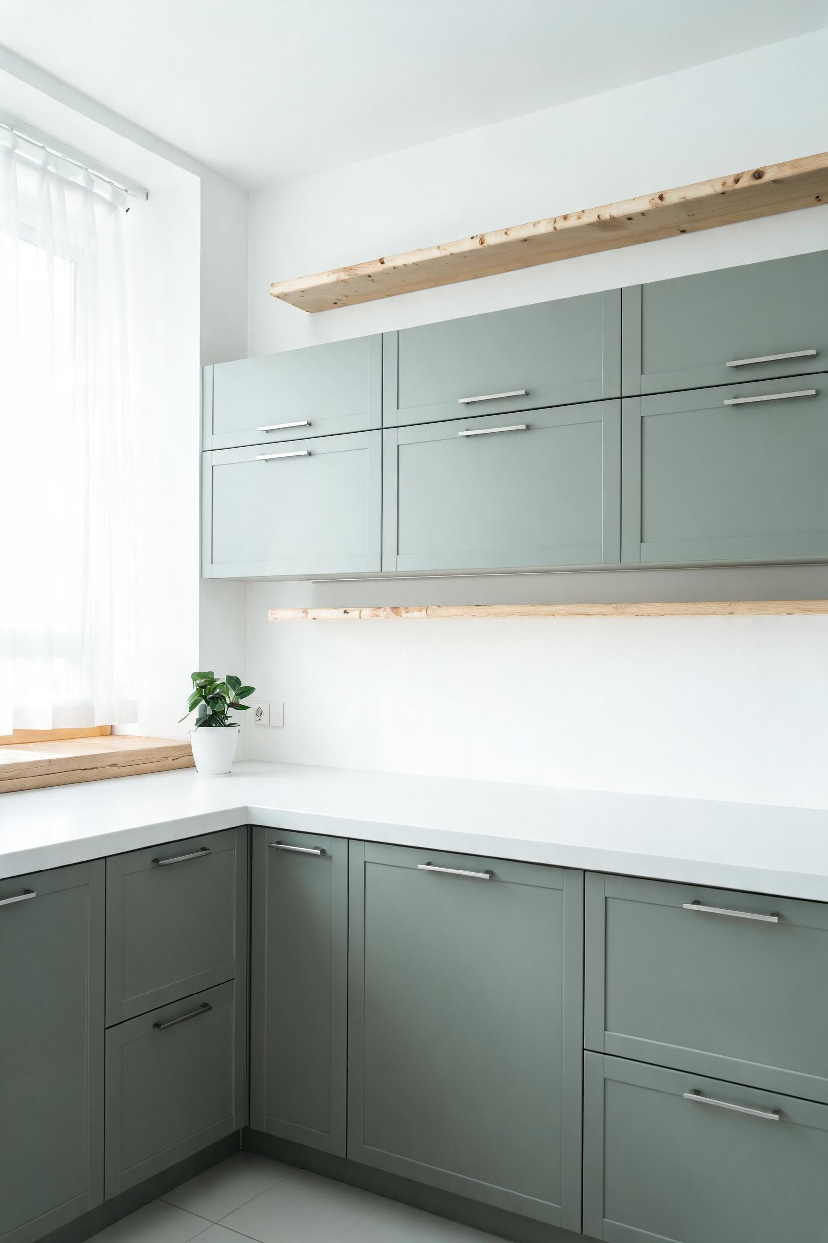 Muted sage green kitchen cabinets in a Scandinavian setting feel organic and restrained — a color that earned its place over centuries of Nordic farmhouse tradition.