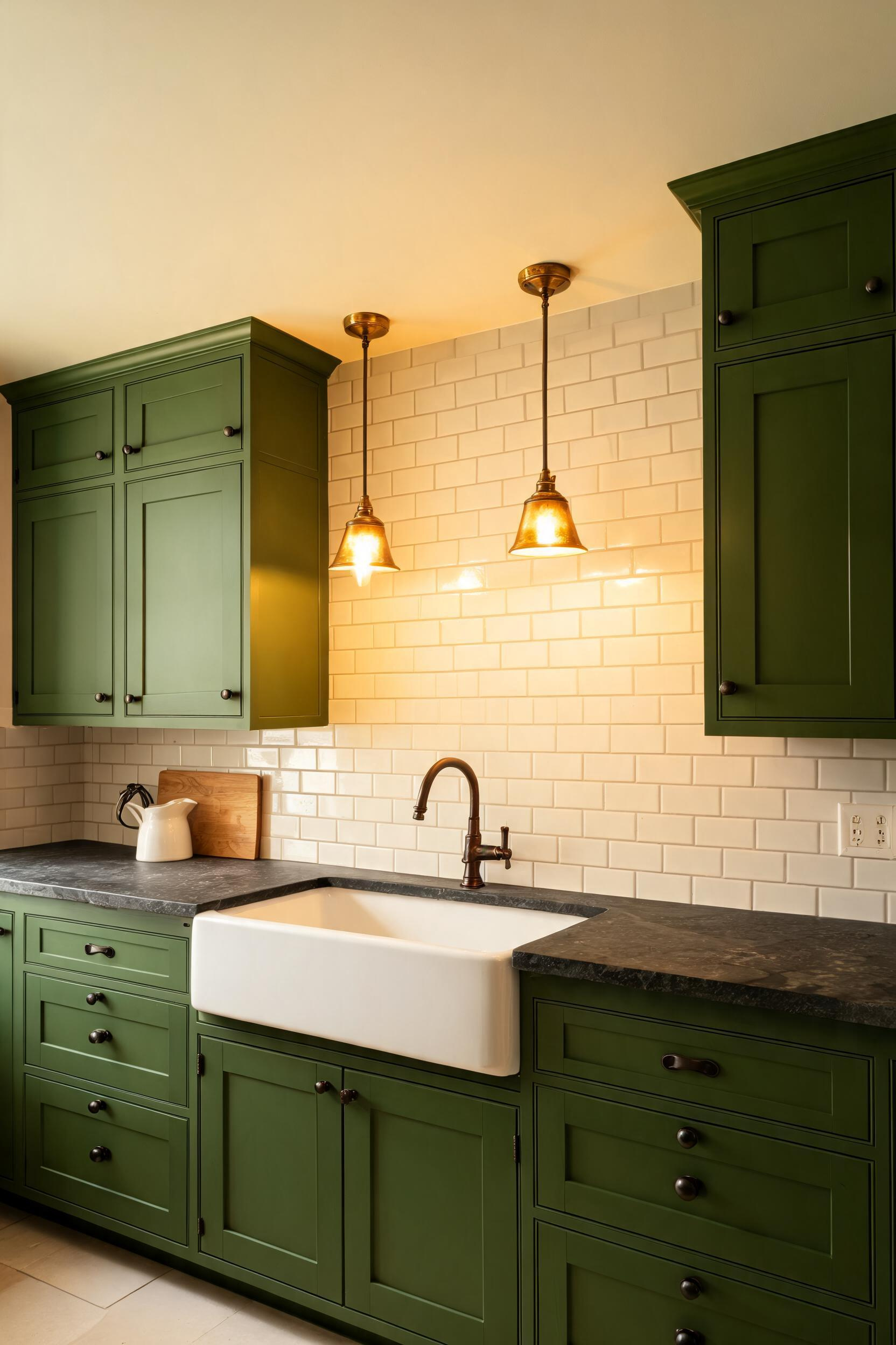 Hunter green shaker cabinets with oil-rubbed bronze hardware capture the enduring quality of late-19th-century American kitchen design, updated for a modern home.