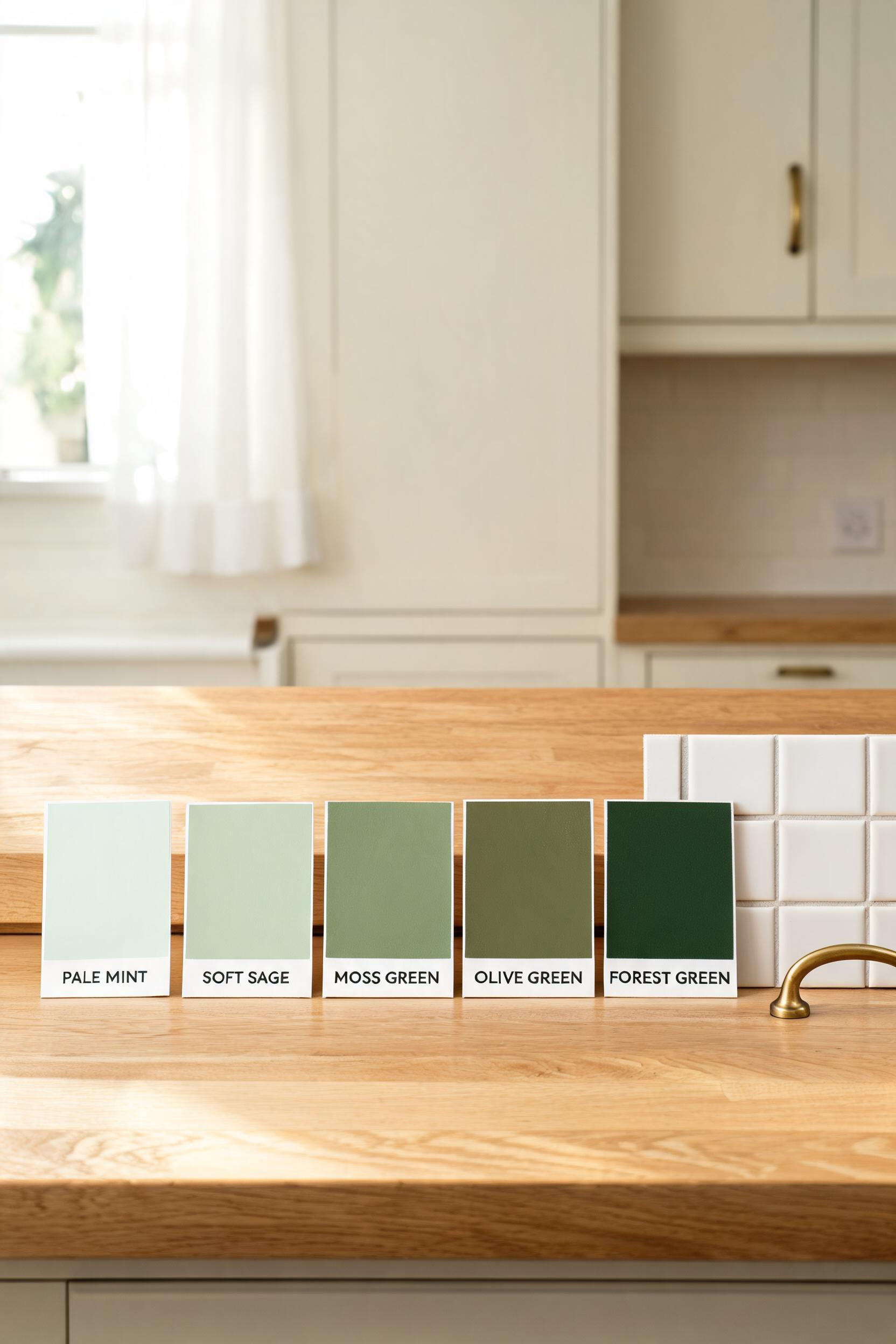Choosing the right green for kitchen cabinets requires testing actual samples across multiple lighting conditions — the family spans from pale mint to near-black forest, and each reads completely differently in your specific kitchen.