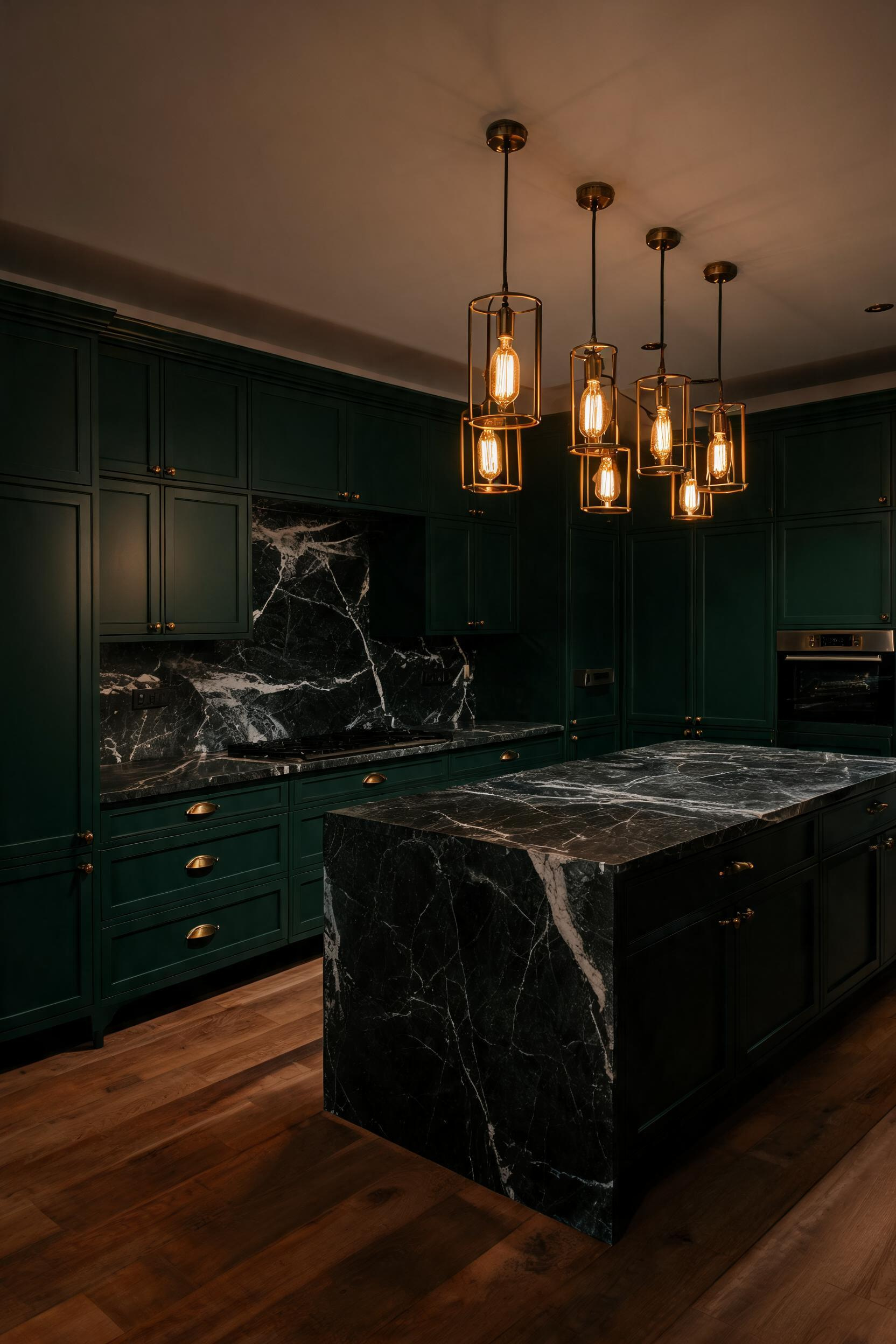 Dark green kitchen cabinets create a rich, enveloping atmosphere when paired with warm lighting and aged brass hardware — the drama is intentional, not an accident.