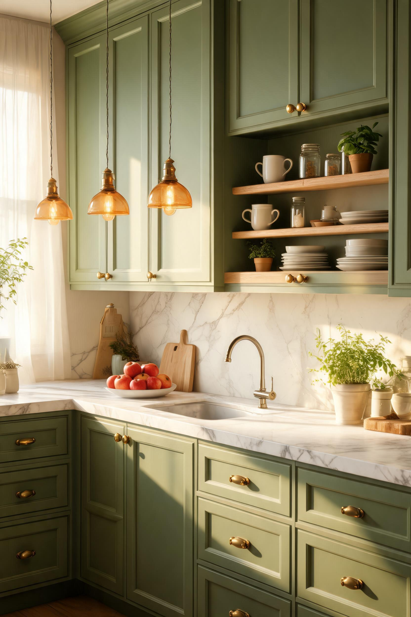 Sage green shaker cabinets with antique brass hardware form one of the most enduring kitchen color pairings, equally at home in a farmhouse or a mid-century renovation.