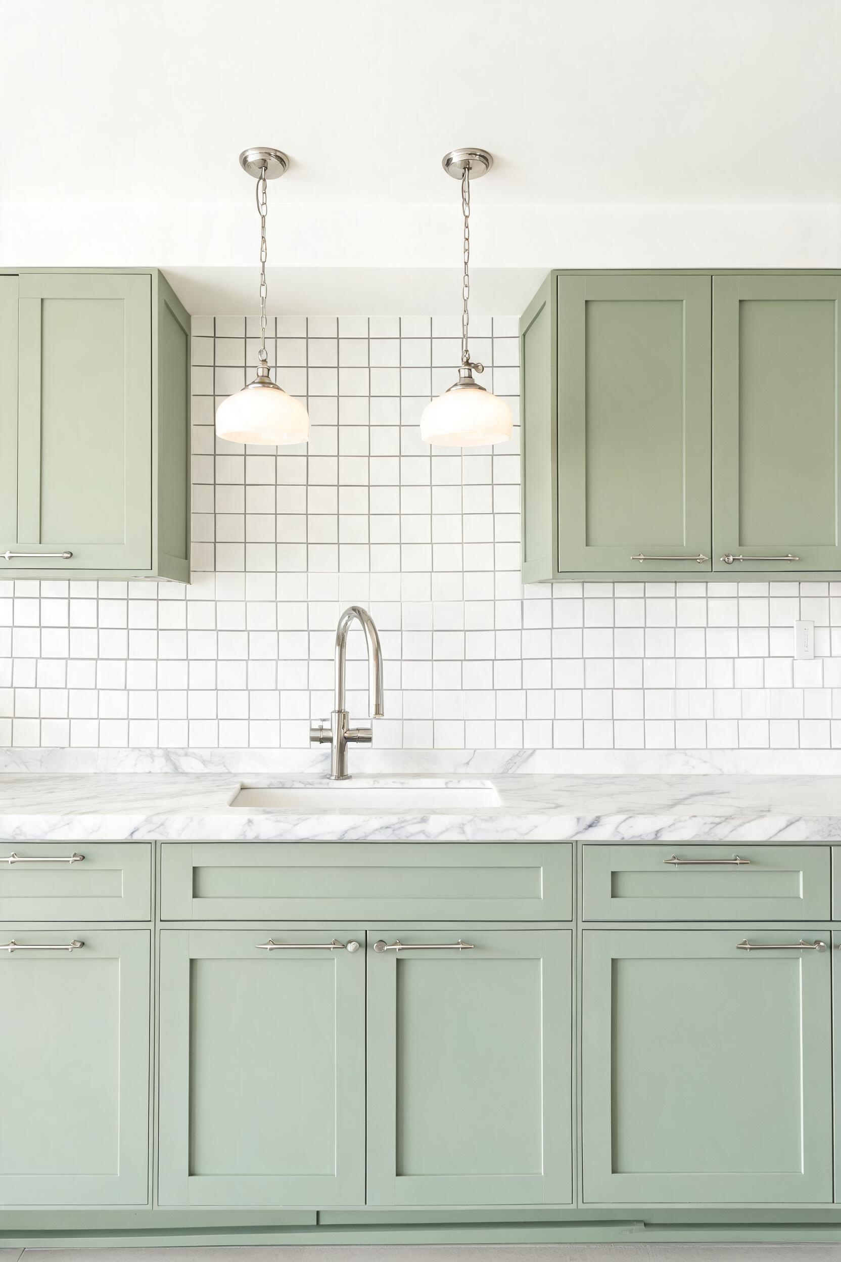 Sage green cabinets with white marble countertops achieve a timelessness that reads well across both period-authentic and contemporary kitchen contexts.