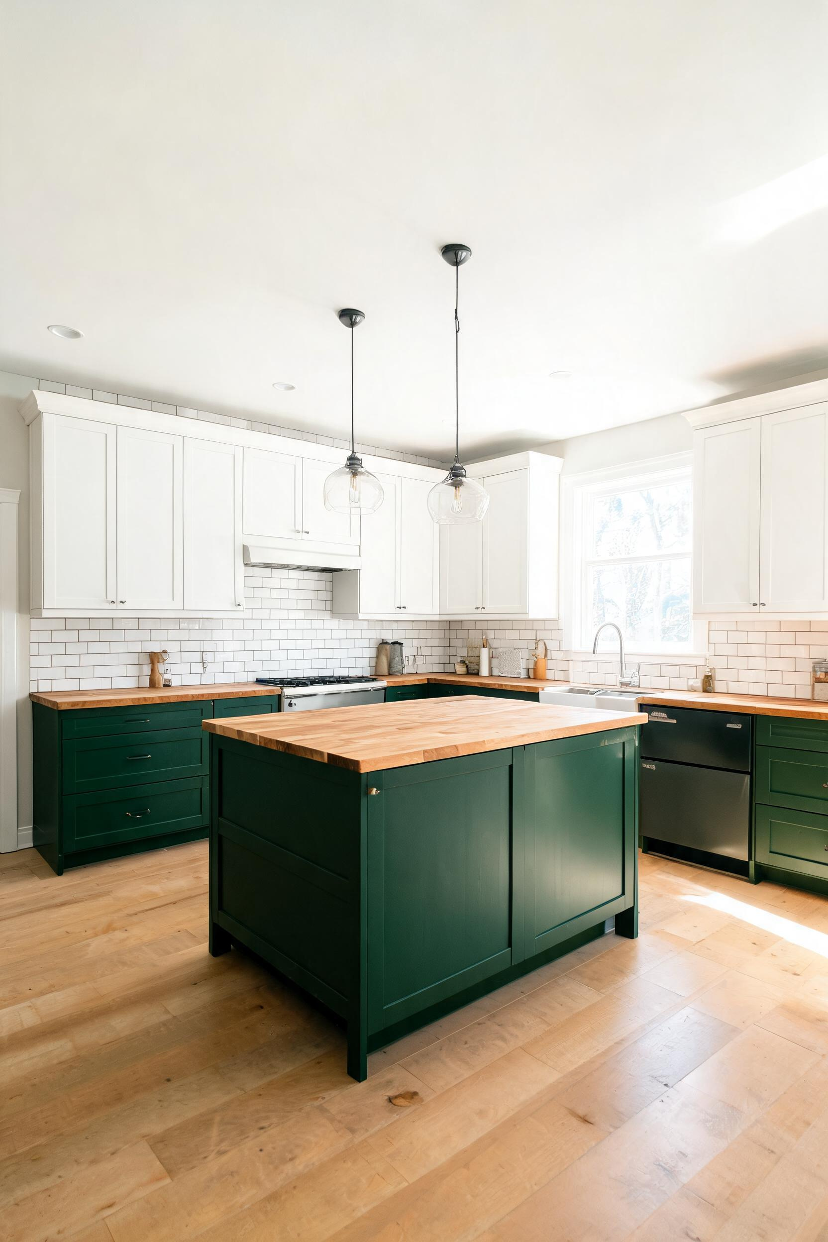 Forest green lowers with white uppers create a balanced two-tone kitchen, using natural color logic to anchor the base while keeping the upper half bright.