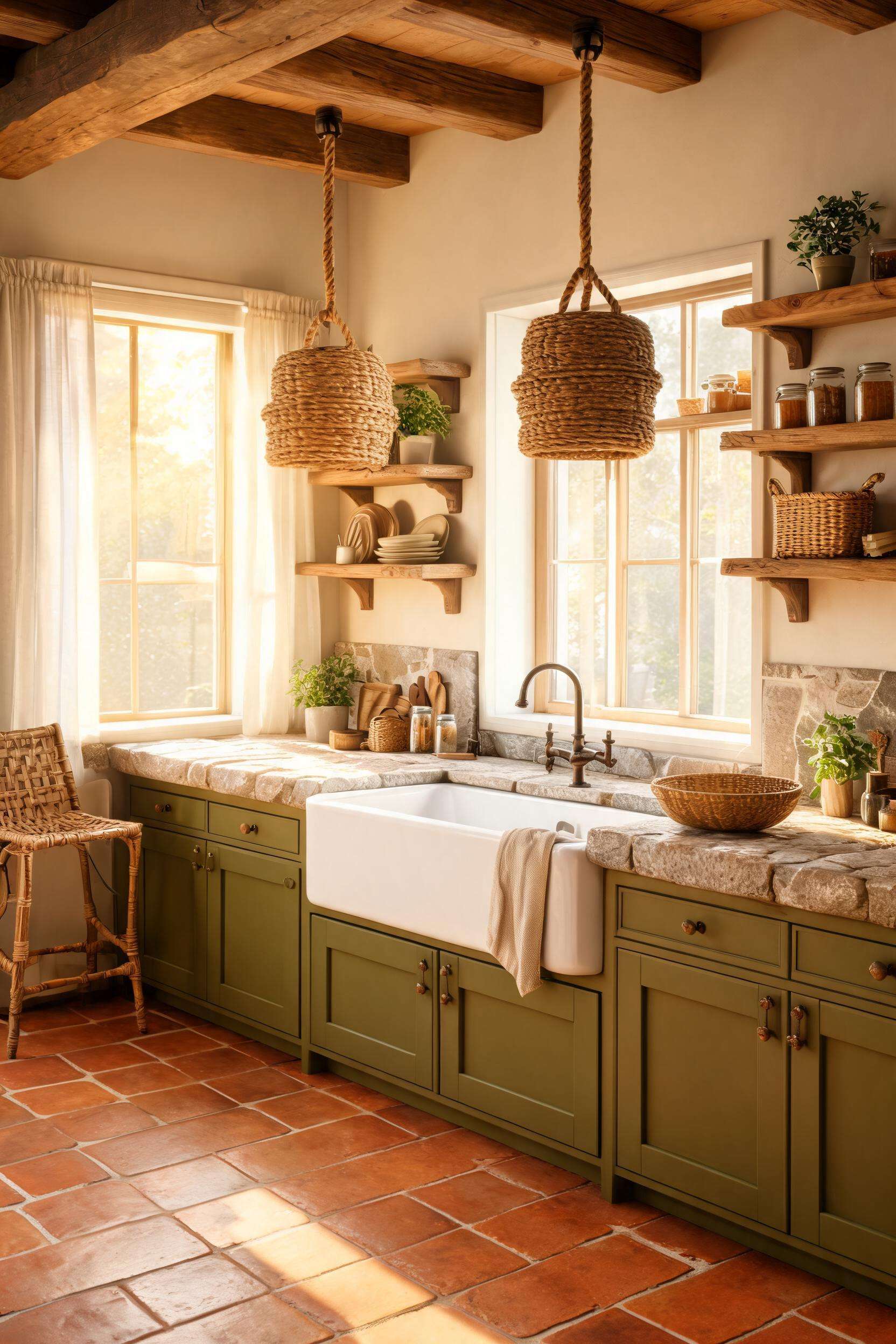 Olive green cabinets in a farmhouse kitchen blend seamlessly with wood, stone, and terracotta — the color's brown undertones do the bridging work so you don't have to.