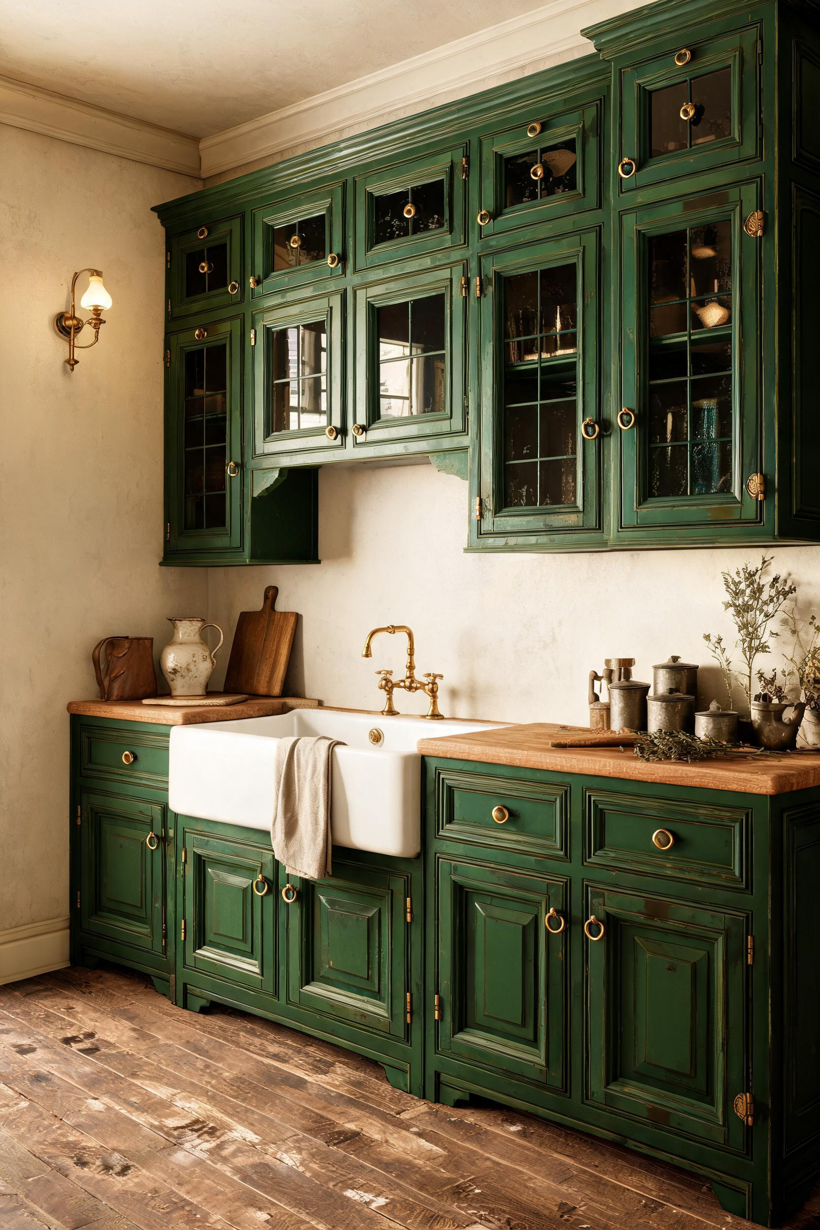 A dark glaze applied over hunter green paint creates the look of century-old patina — color that appears to have deepened and settled over decades rather than been applied last weekend.