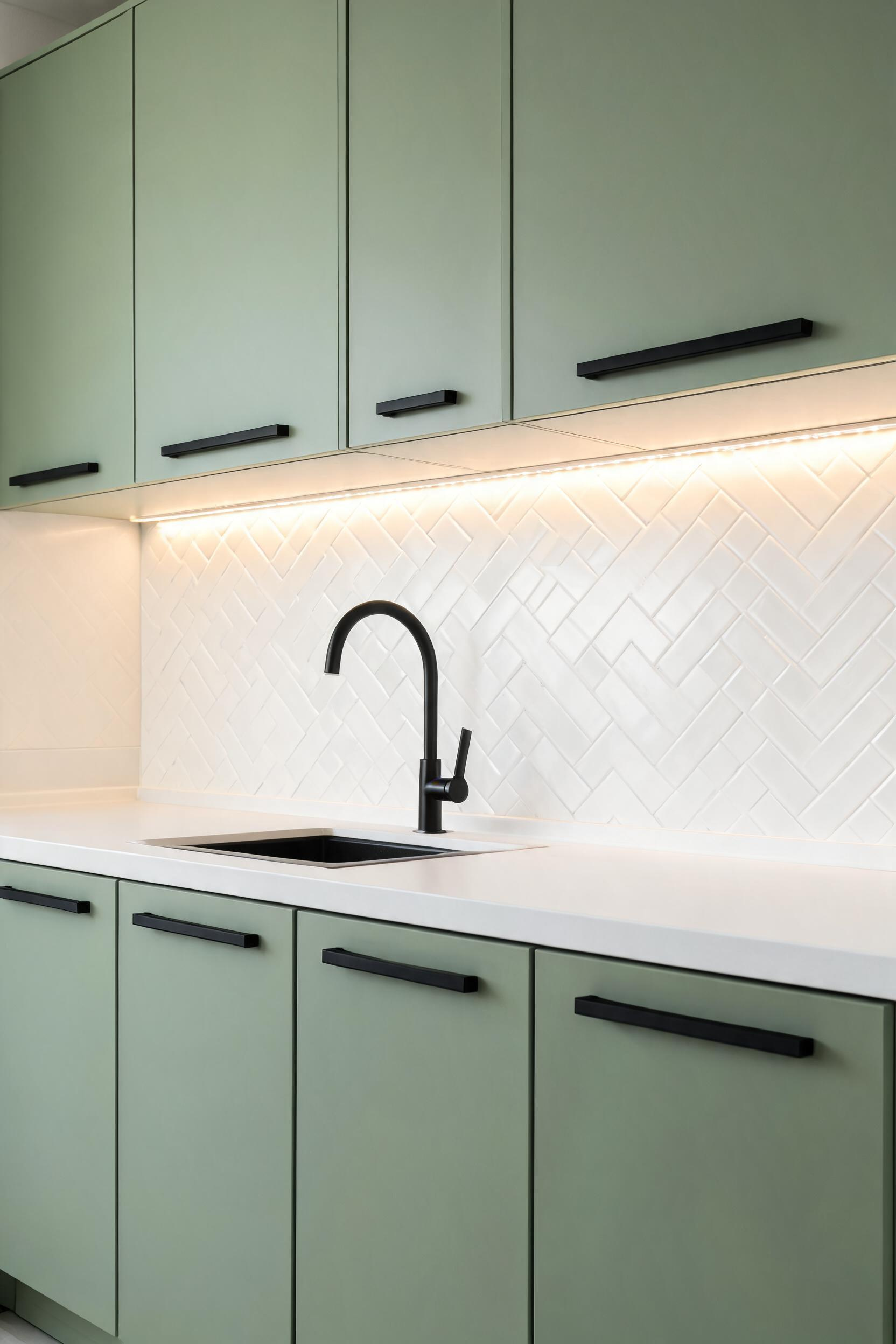 Matte black hardware on green kitchen cabinets sharpens the palette and gives it a contemporary edge — practical without being cold, modern without being sterile.