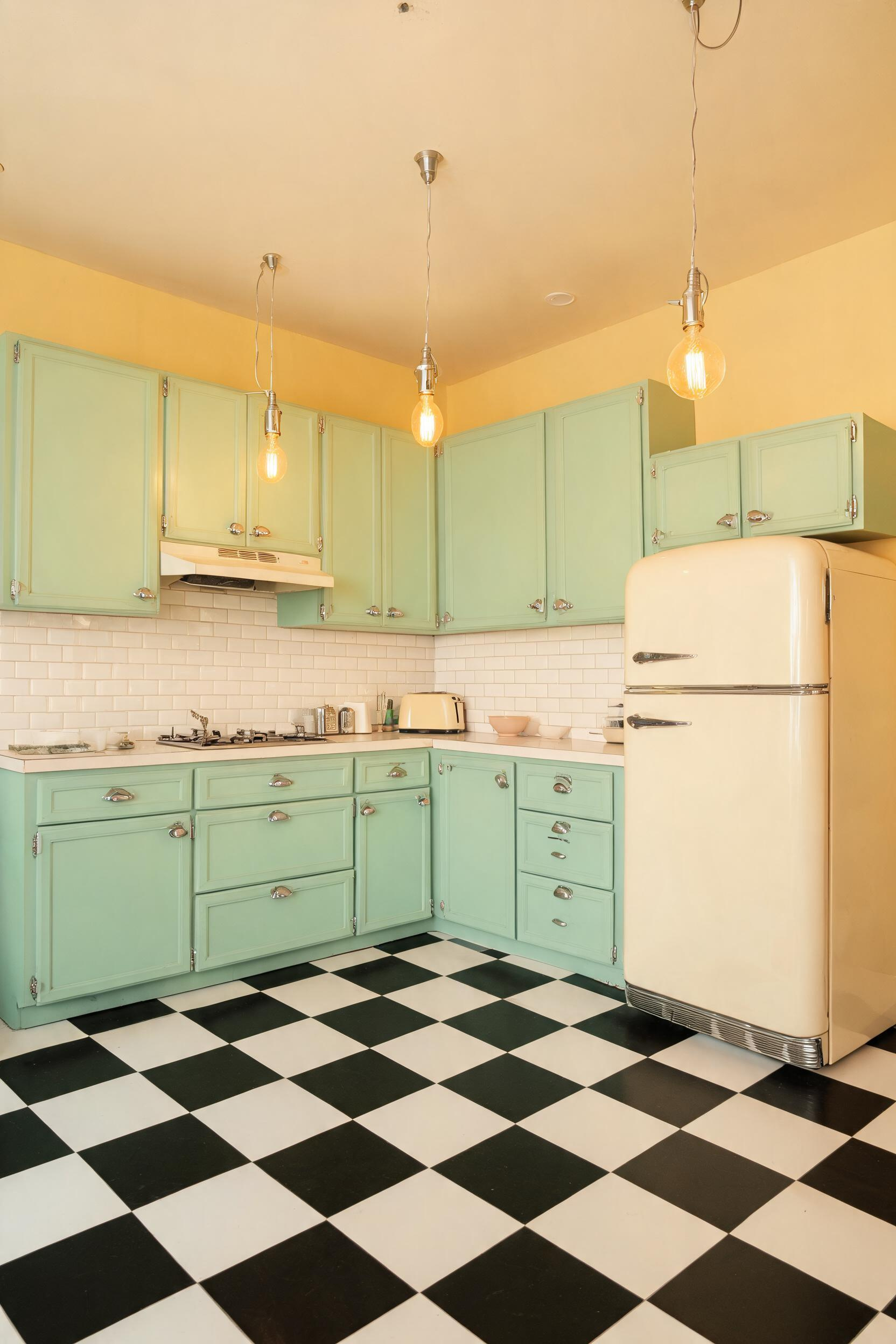 Mint green cabinets with chrome hardware and checkerboard floors recreate the sunny optimism of 1950s American kitchen design with enough restraint to avoid feeling like a costume.